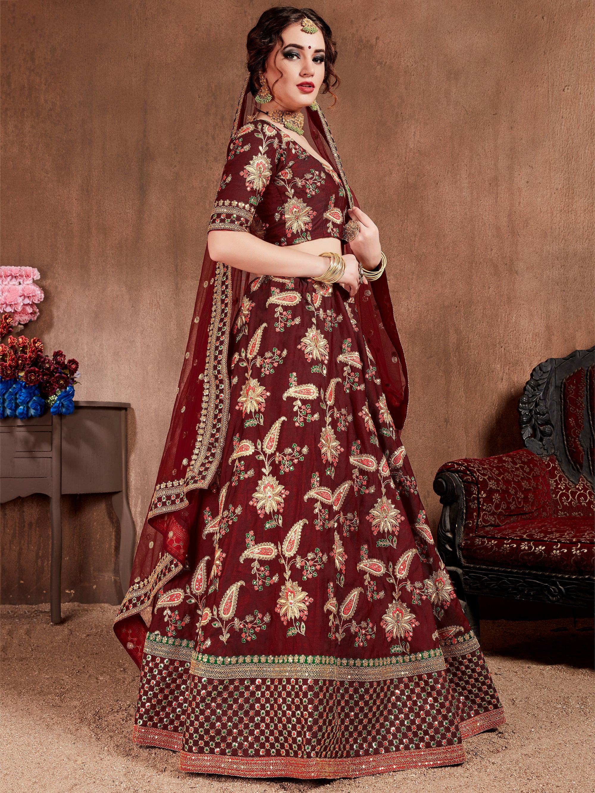 Maroon Embroidered Taffeta Bridal Lehenga Choli Ethnic Wear for Women