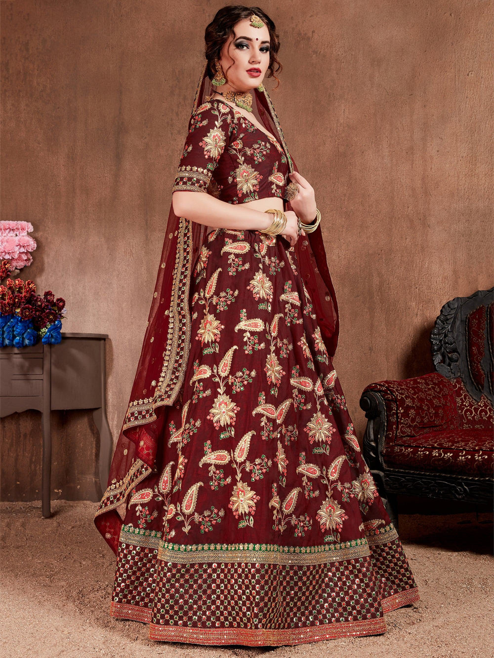 Maroon Embroidered Taffeta Bridal Lehenga Choli Ethnic Wear for Women
