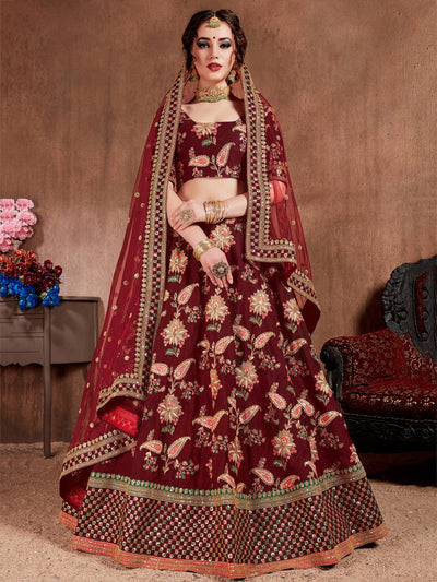 Maroon Embroidered Taffeta Bridal Lehenga Choli Ethnic Wear for Women