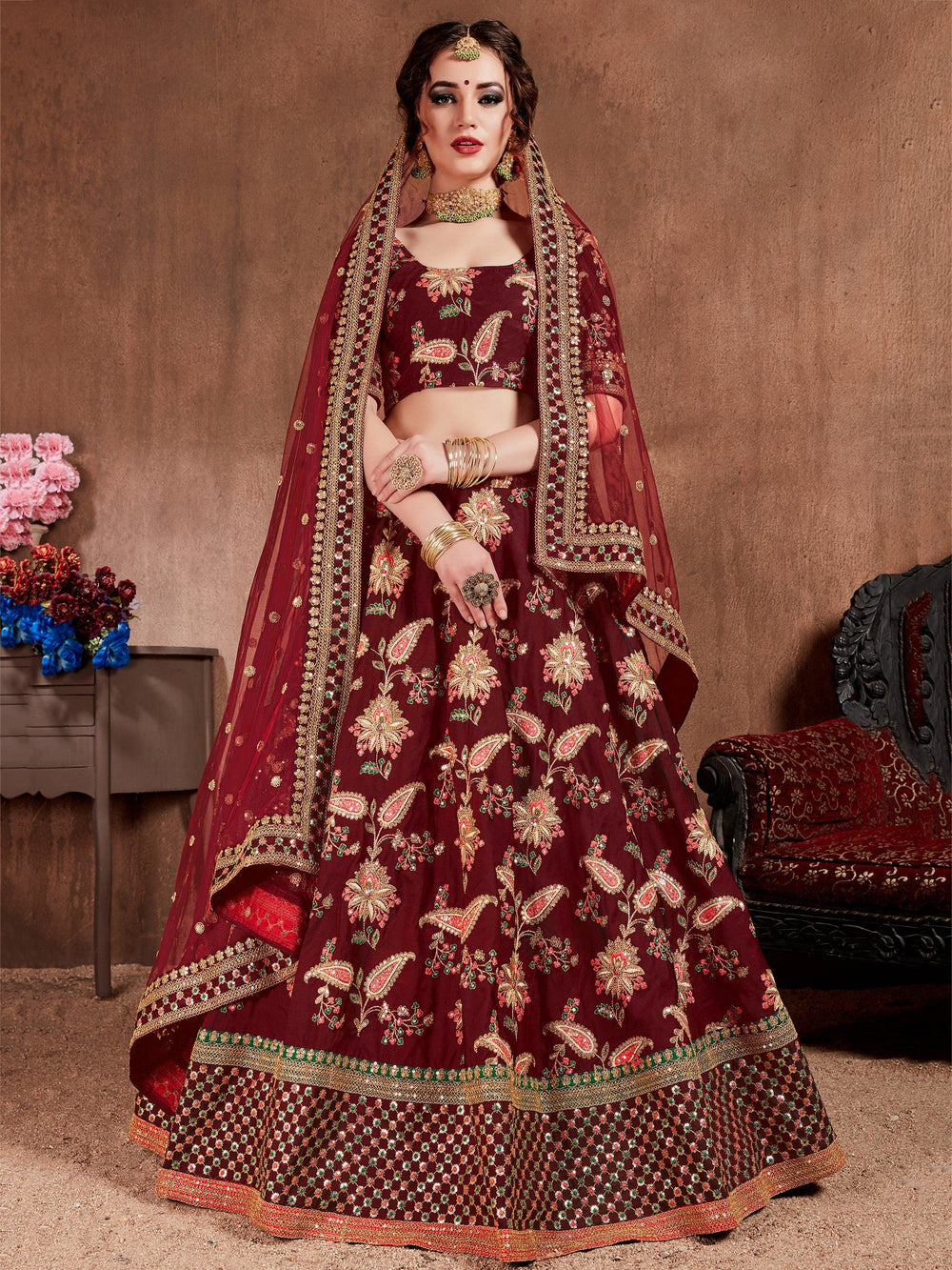 Maroon Embroidered Taffeta Bridal Lehenga Choli Ethnic Wear for Women