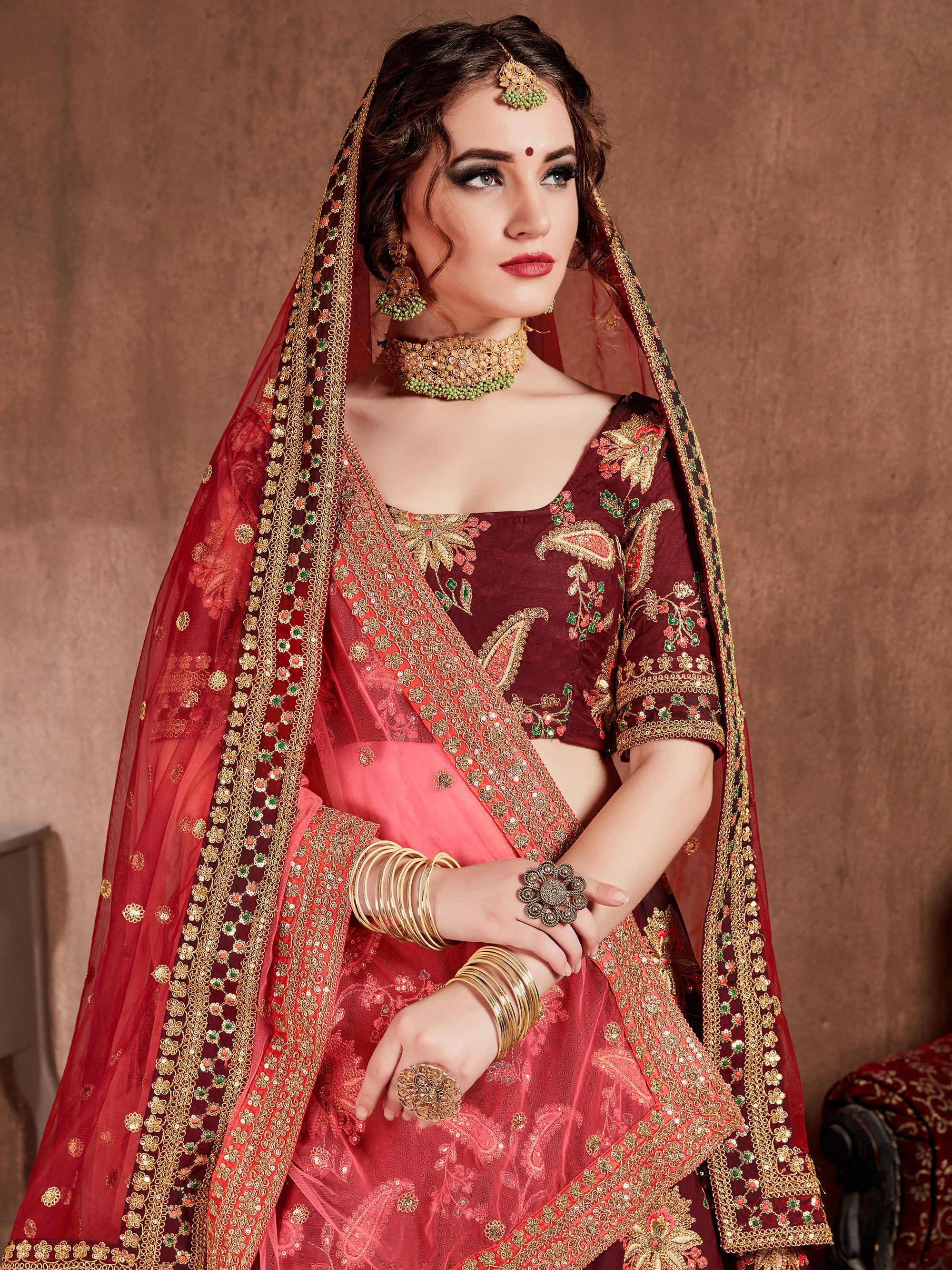 Maroon Embroidered Taffeta Bridal Lehenga Choli Ethnic Wear for Women