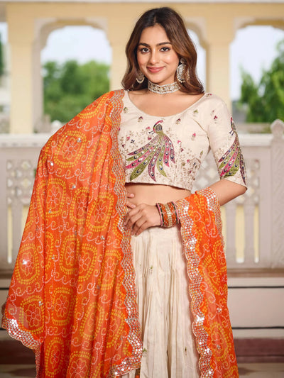 Orange Ravishing Pure Tissue Silk Sequins Work Lehenga Choli for Women