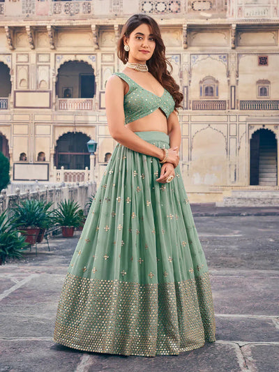 Green Georgette Sequins Embroidered Event Wear Lehenga Choli for Women