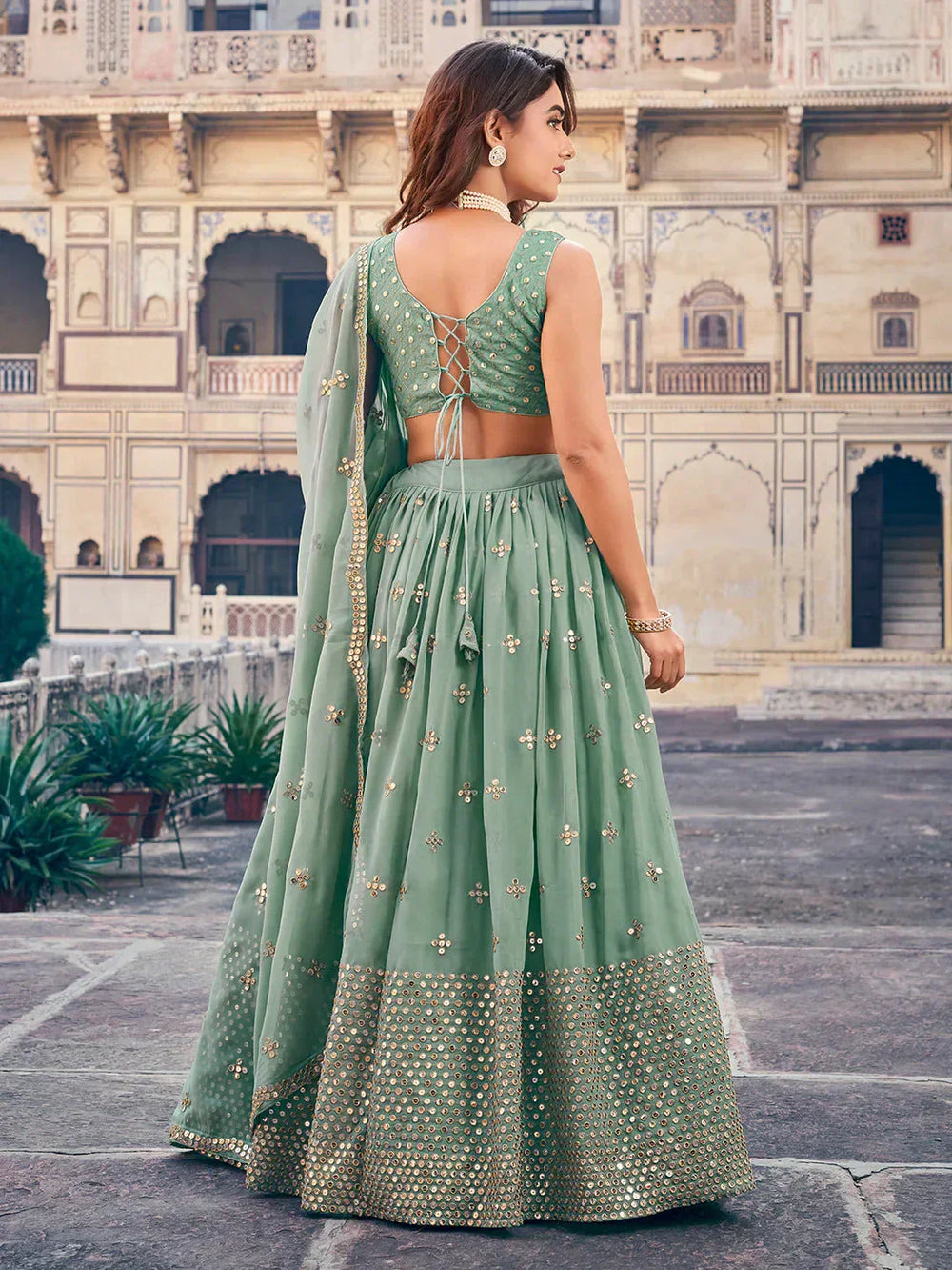 Green Georgette Sequins Embroidered Event Wear Lehenga Choli for Women