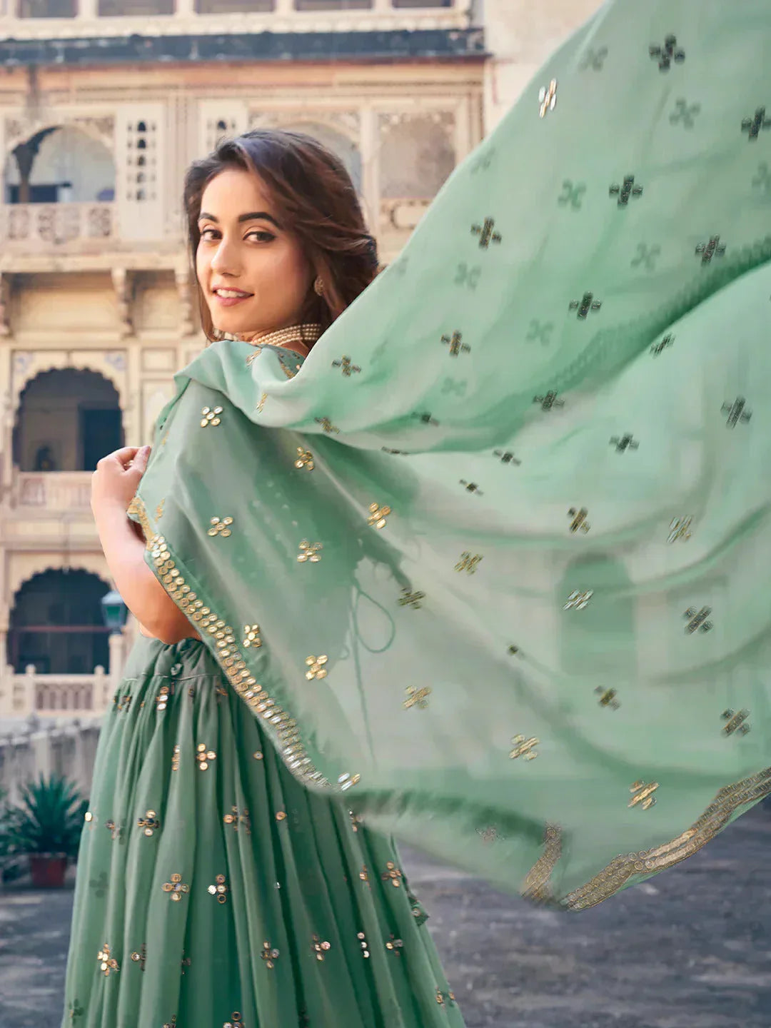 Green Georgette Sequins Embroidered Event Wear Lehenga Choli for Women