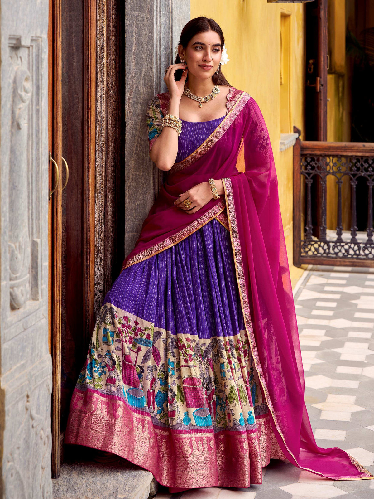 Purple Zari Weaving Festival Half Saree Lehenga