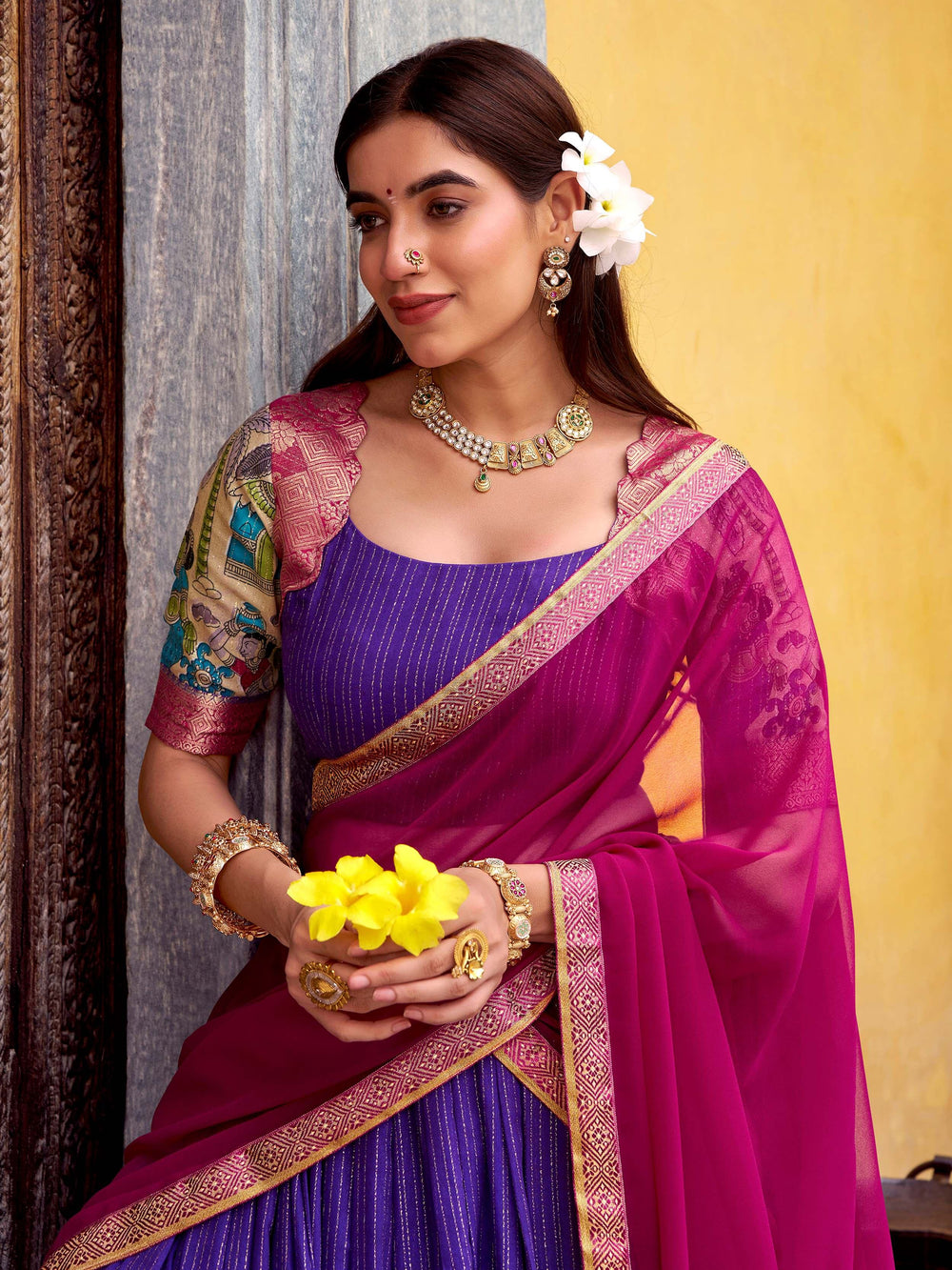 Purple Zari Weaving Festival Half Saree Lehenga