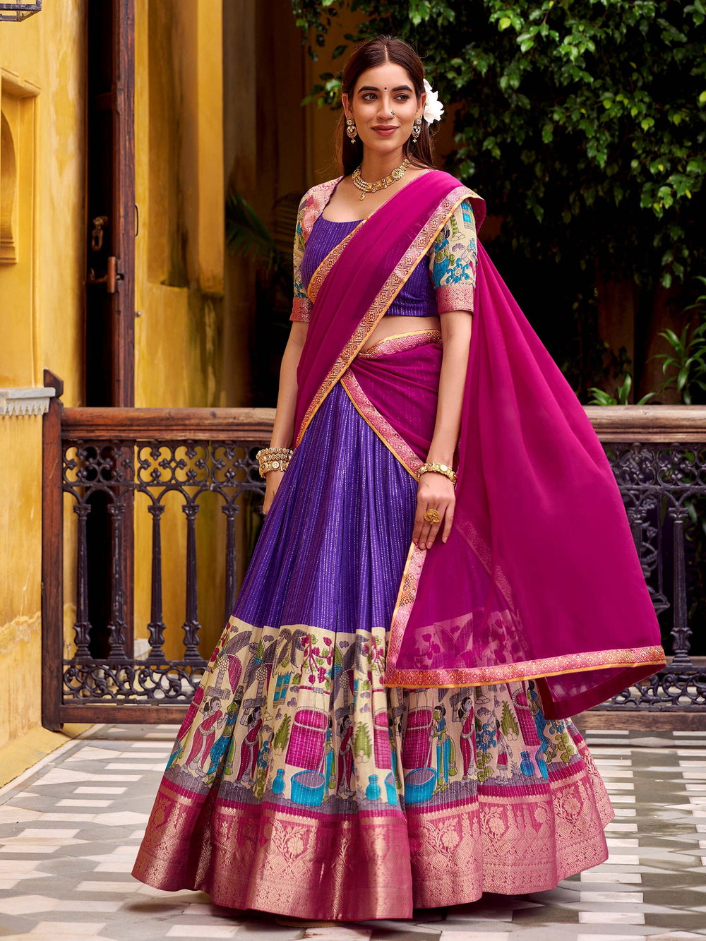 Purple Zari Weaving Festival Half Saree Lehenga