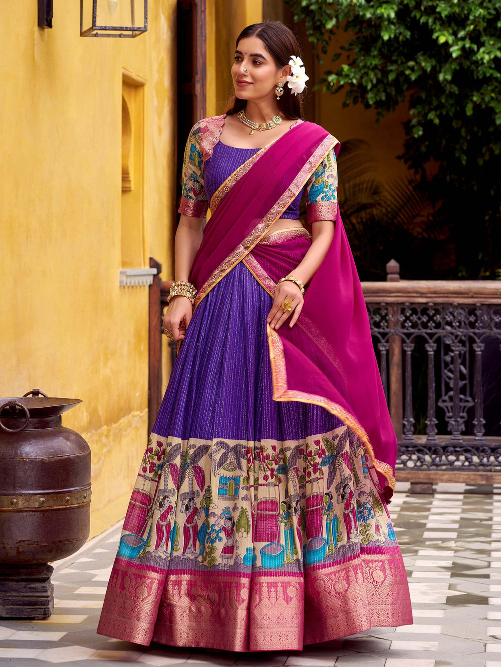 Purple Zari Weaving Festival Half Saree Lehenga