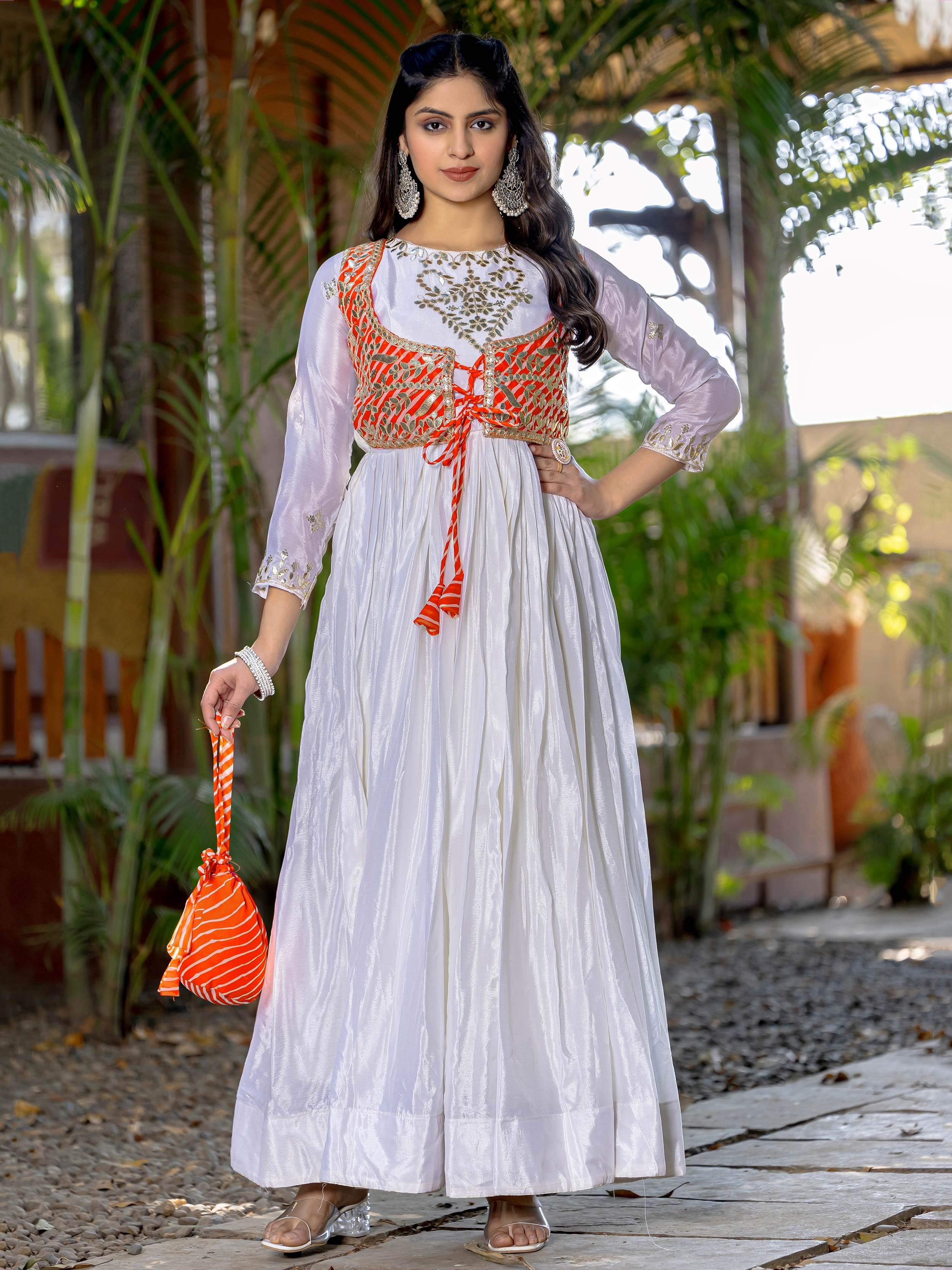 White Chinon Gota Patti Work Navratri Wear Gown for Women
