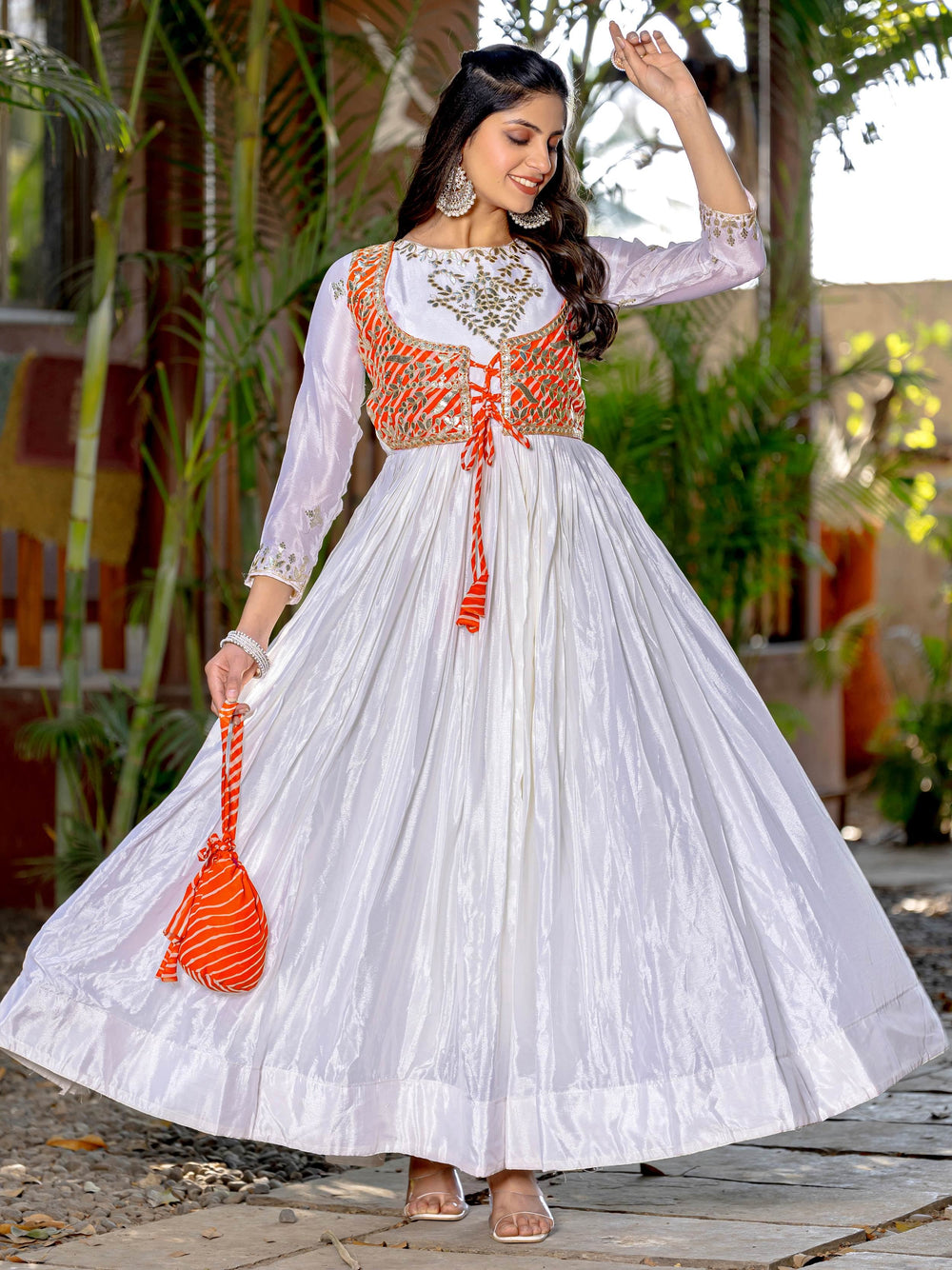 White Chinon Gota Patti Work Navratri Wear Gown for Women