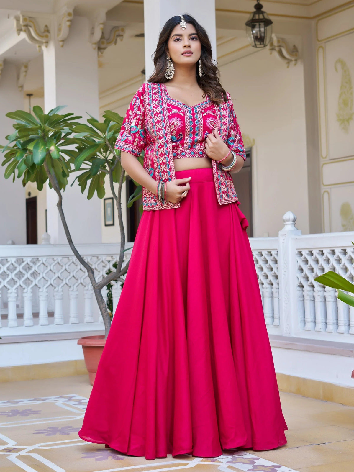 Stylish Pink Embroidered Silk Festive Wear Lehenga Choli With Jacket for Women