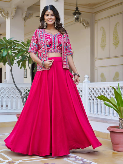 Stylish Pink Embroidered Silk Festive Wear Lehenga Choli With Jacket for Women