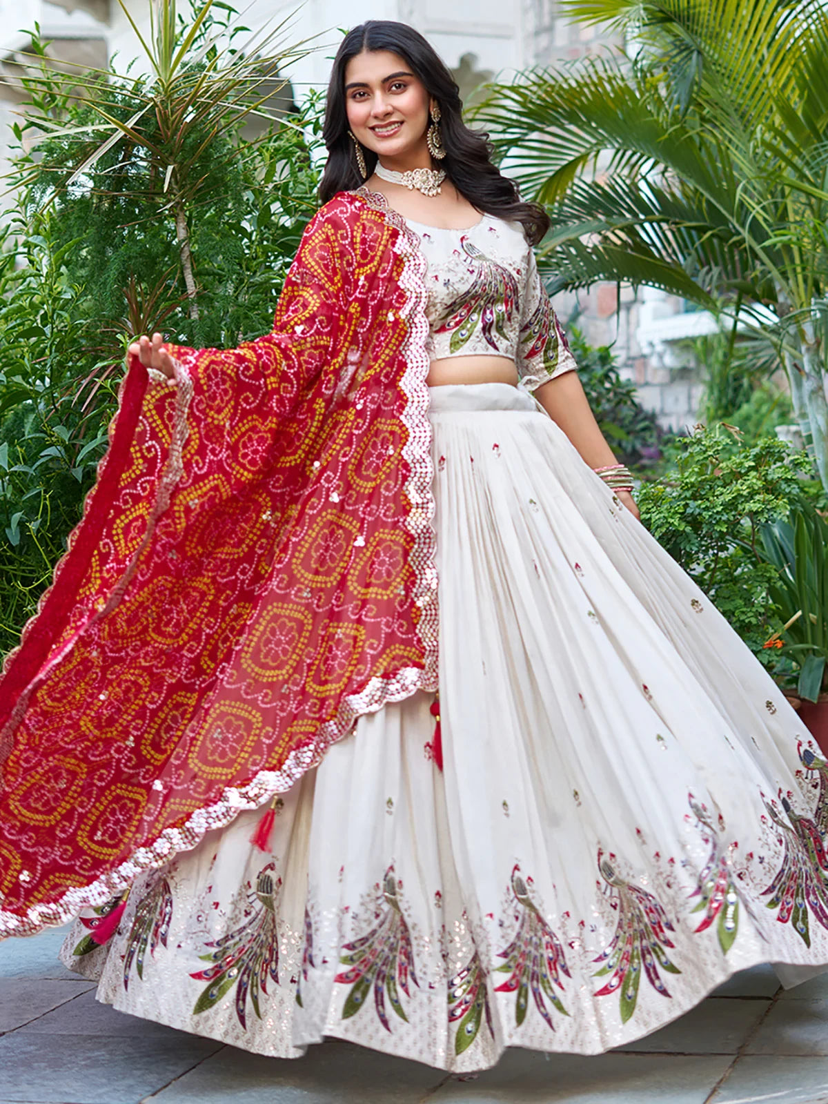 Off White Ravishing Pure Tissue Silk Sequins Work Lehenga Choli for Women