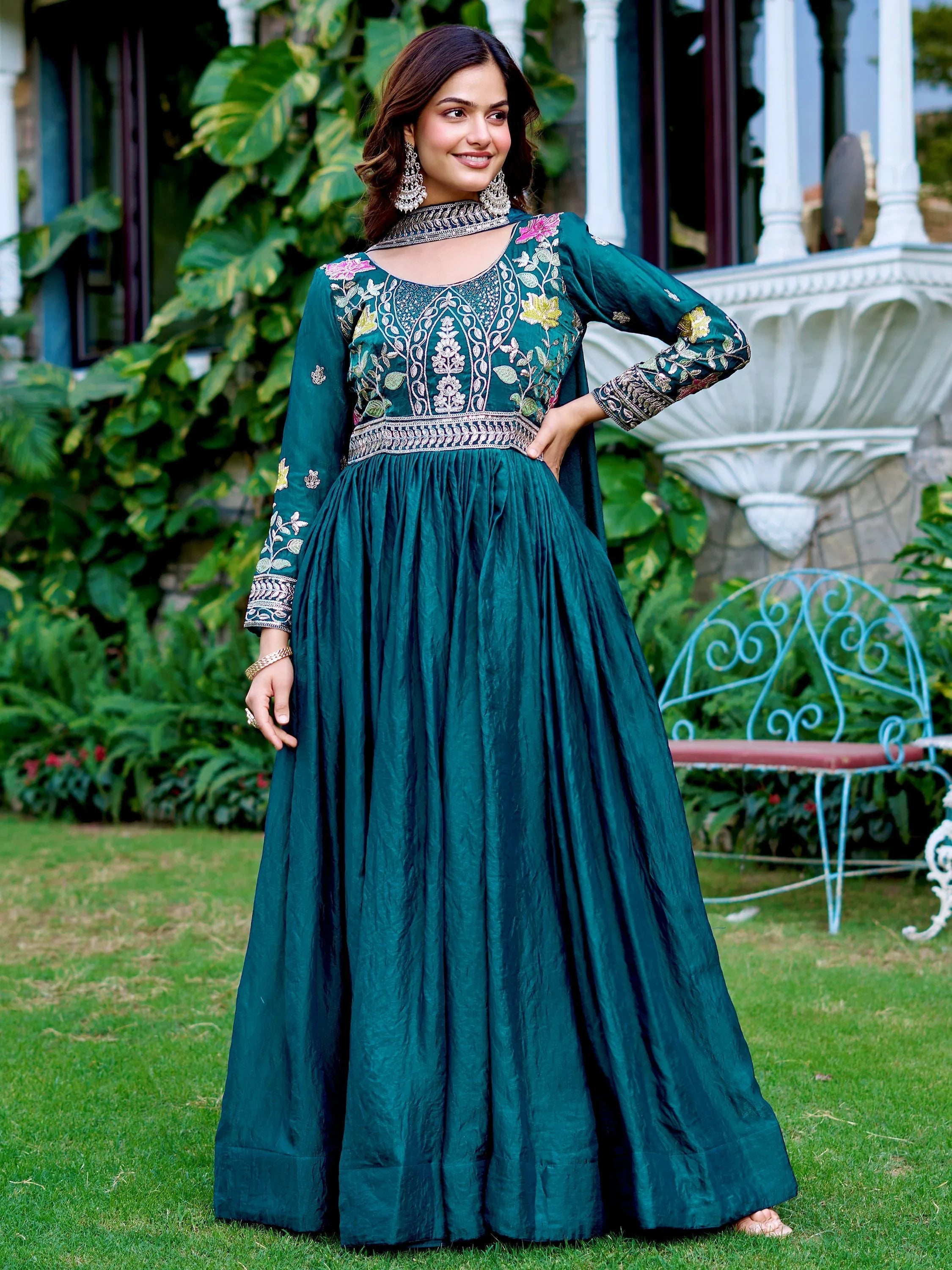 Blue Captivating Sequins Silk Festival Wear Gown With Dupatta for Women
