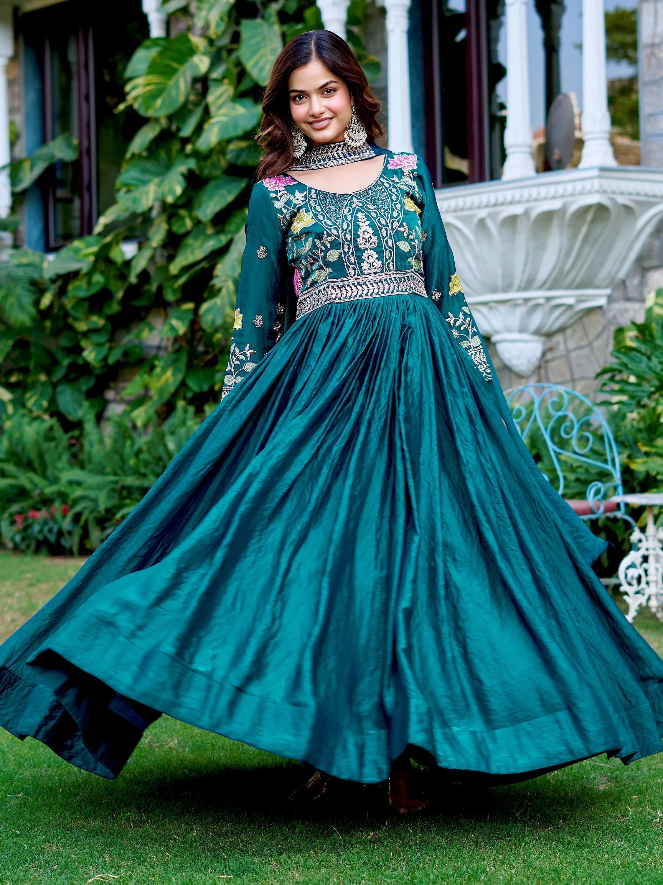 Blue Captivating Sequins Silk Festival Wear Gown With Dupatta for Women