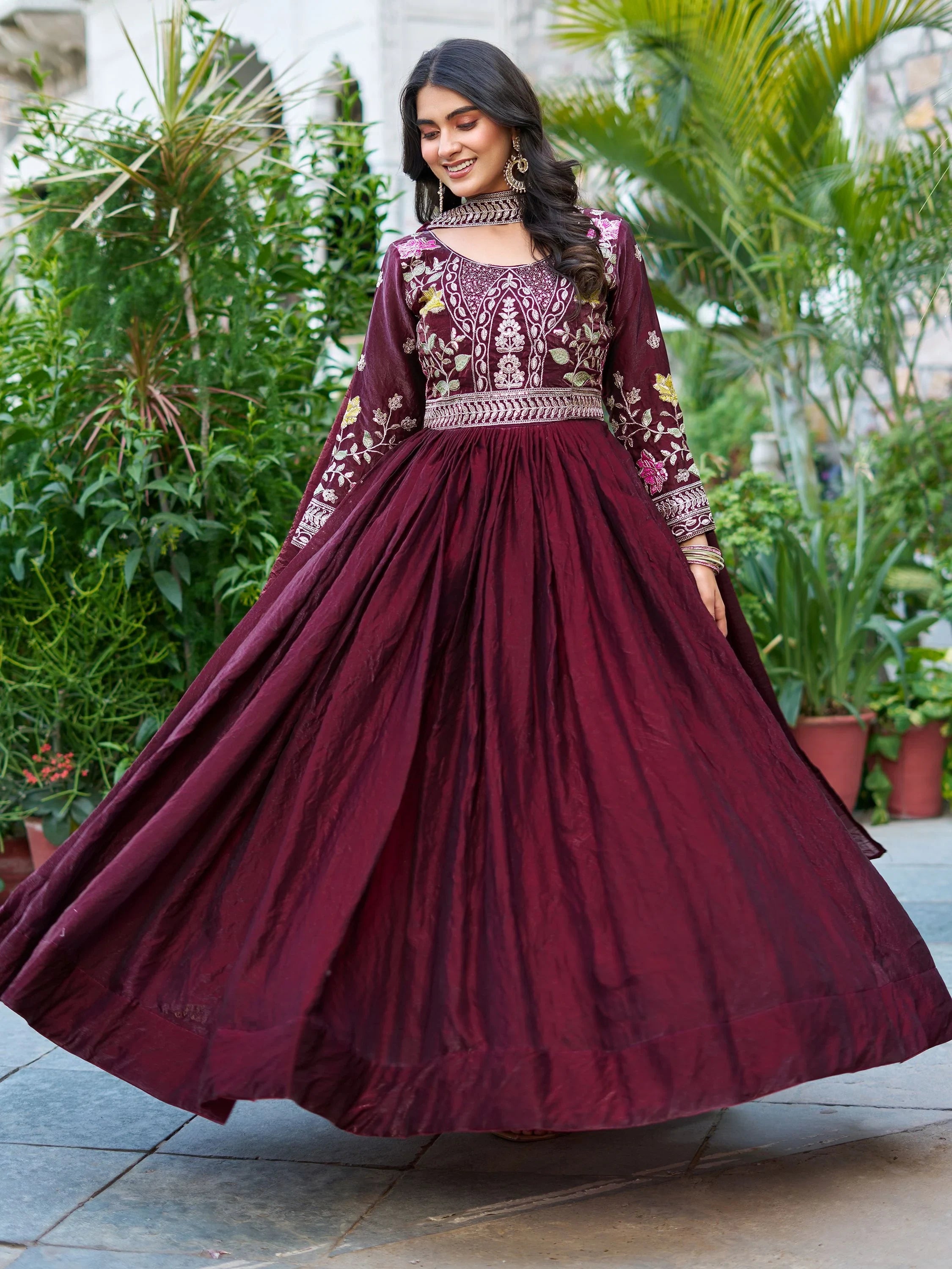 Wine Captivating Sequins Silk Festival Wear Gown With Dupatta for Women