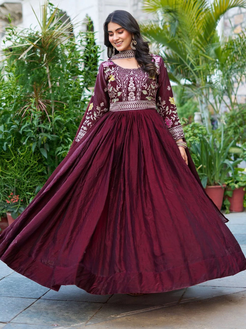 Wine Captivating Sequins Silk Festival Wear Gown With Dupatta for Women