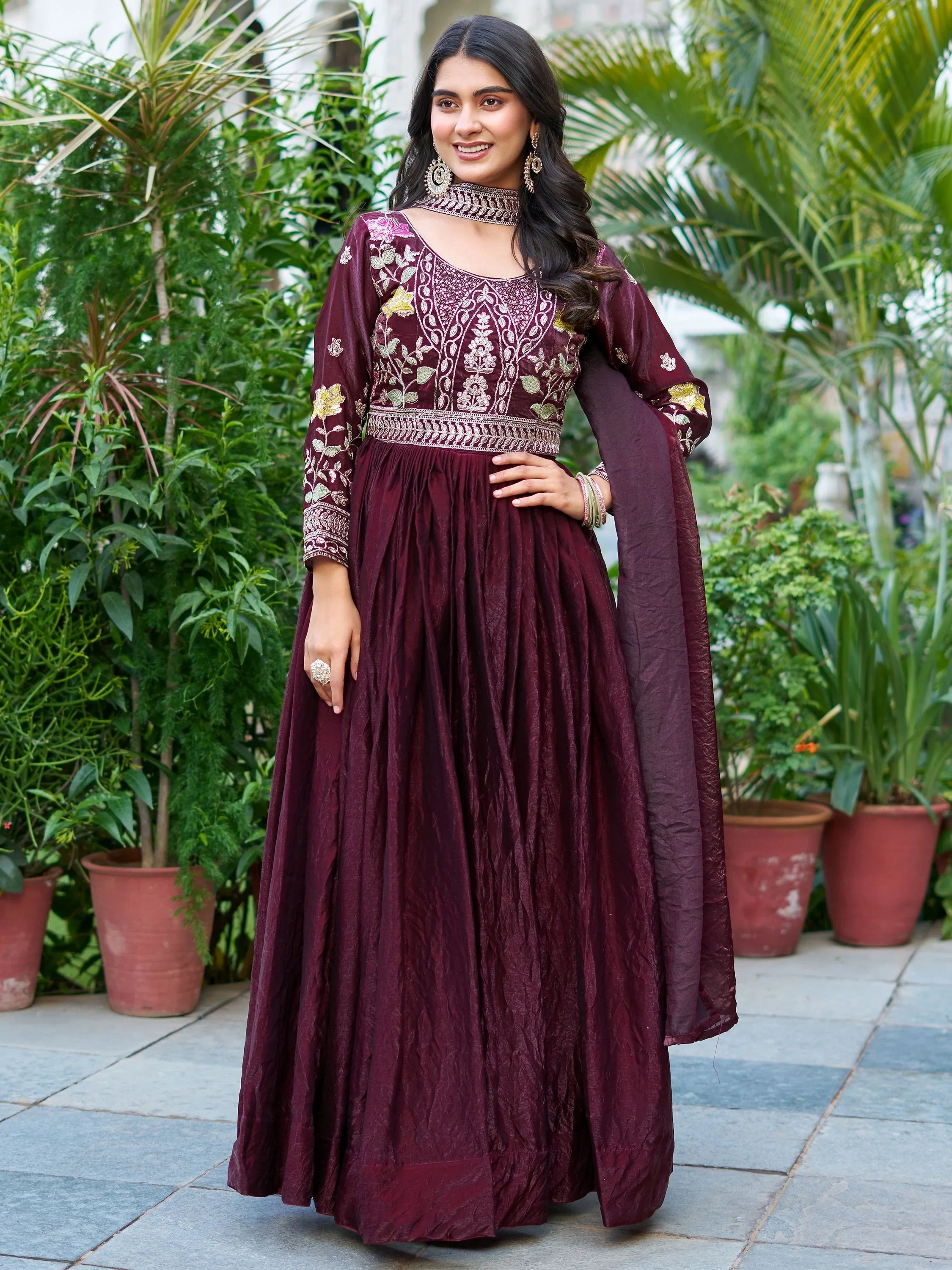 Wine Captivating Sequins Silk Festival Wear Gown With Dupatta for Women