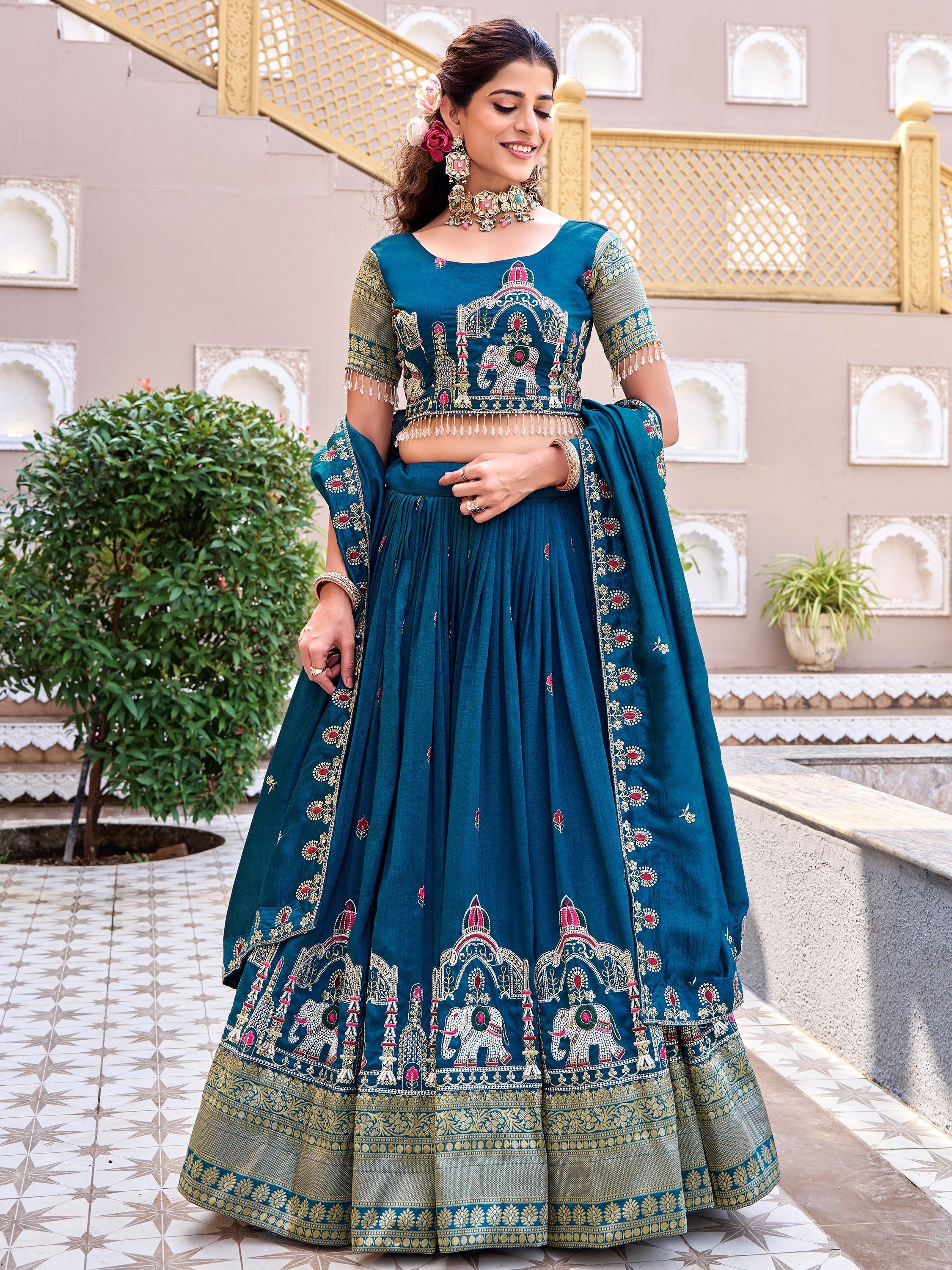 Blue Graceful Thread Embroidered Silk Wedding Lehenga Choli for Women