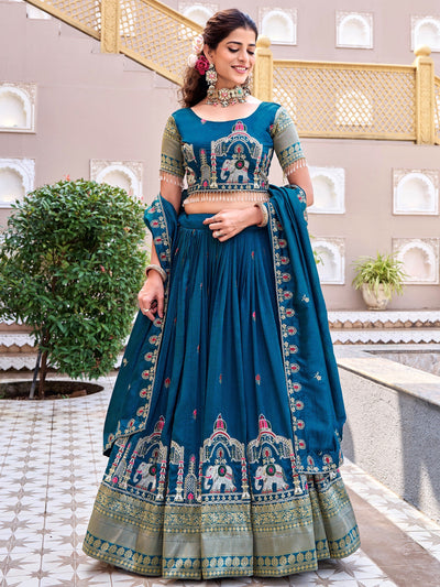 Blue Graceful Thread Embroidered Silk Wedding Lehenga Choli for Women
