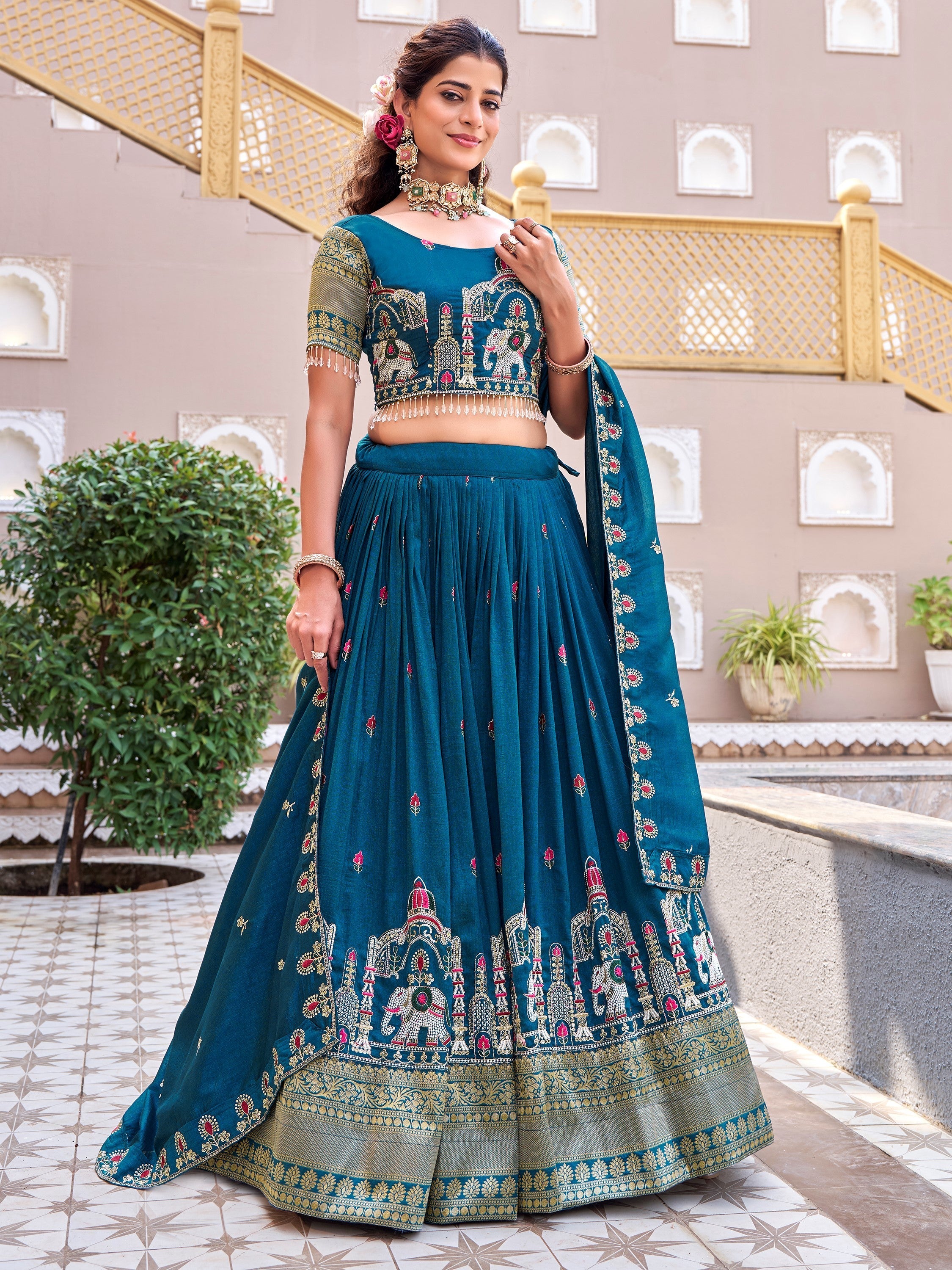 Blue Graceful Thread Embroidered Silk Wedding Lehenga Choli for Women