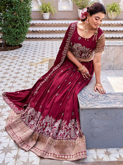 Red Graceful Thread Embroidered Silk Wedding Lehenga Choli for Women