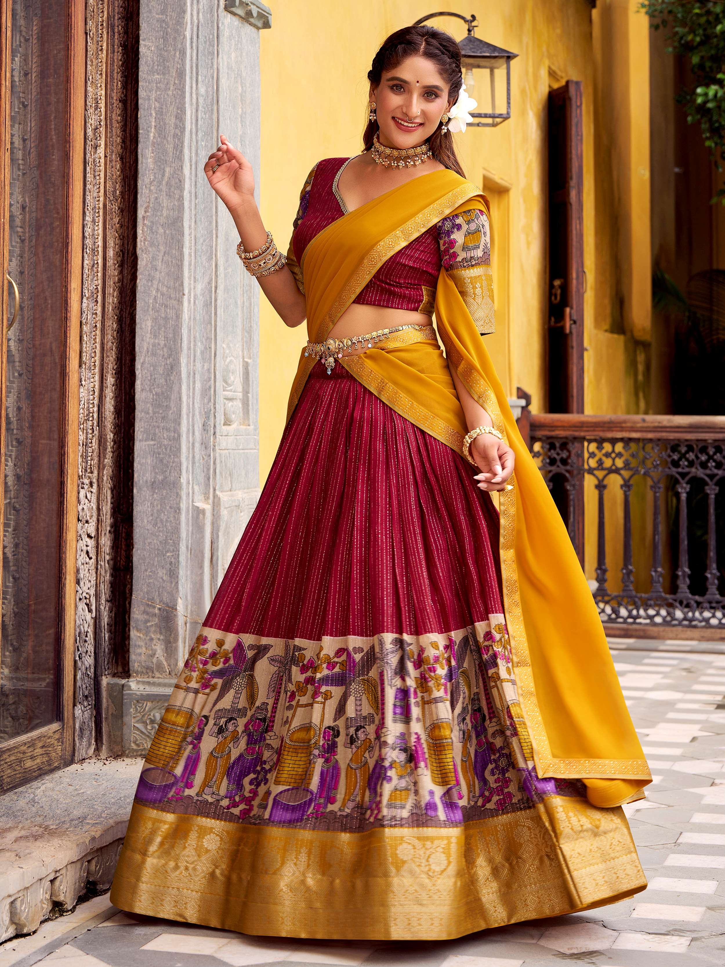 Red Chanderi Silk Kalamkari Printed Half Saree Lehenga