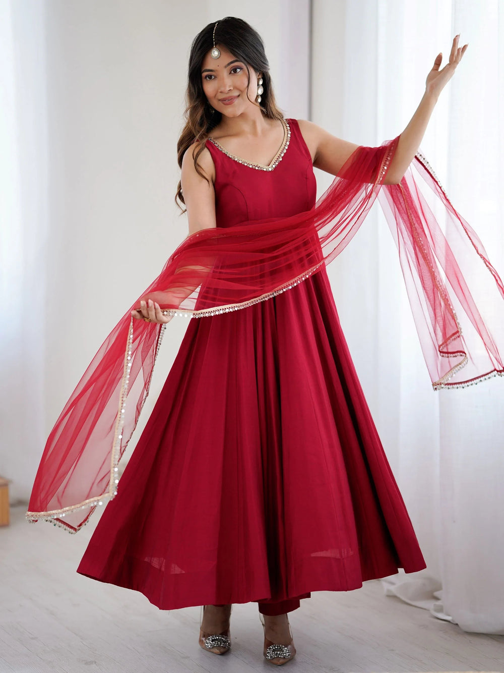 Red Lace Work Silk Festive Wear Anarkali Suit for Women