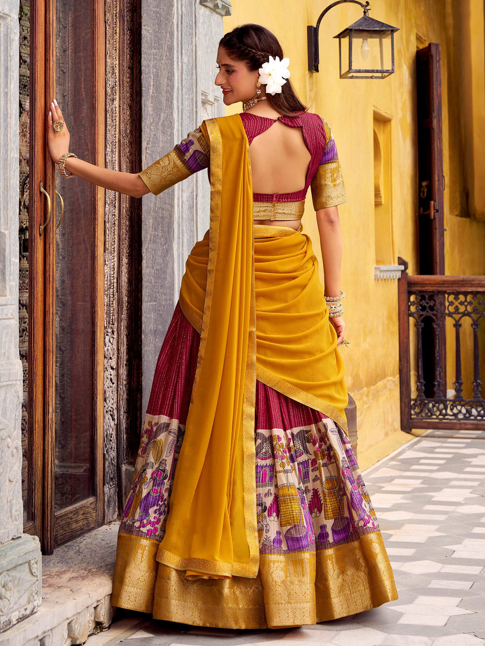 Red Chanderi Silk Kalamkari Printed Half Saree Lehenga