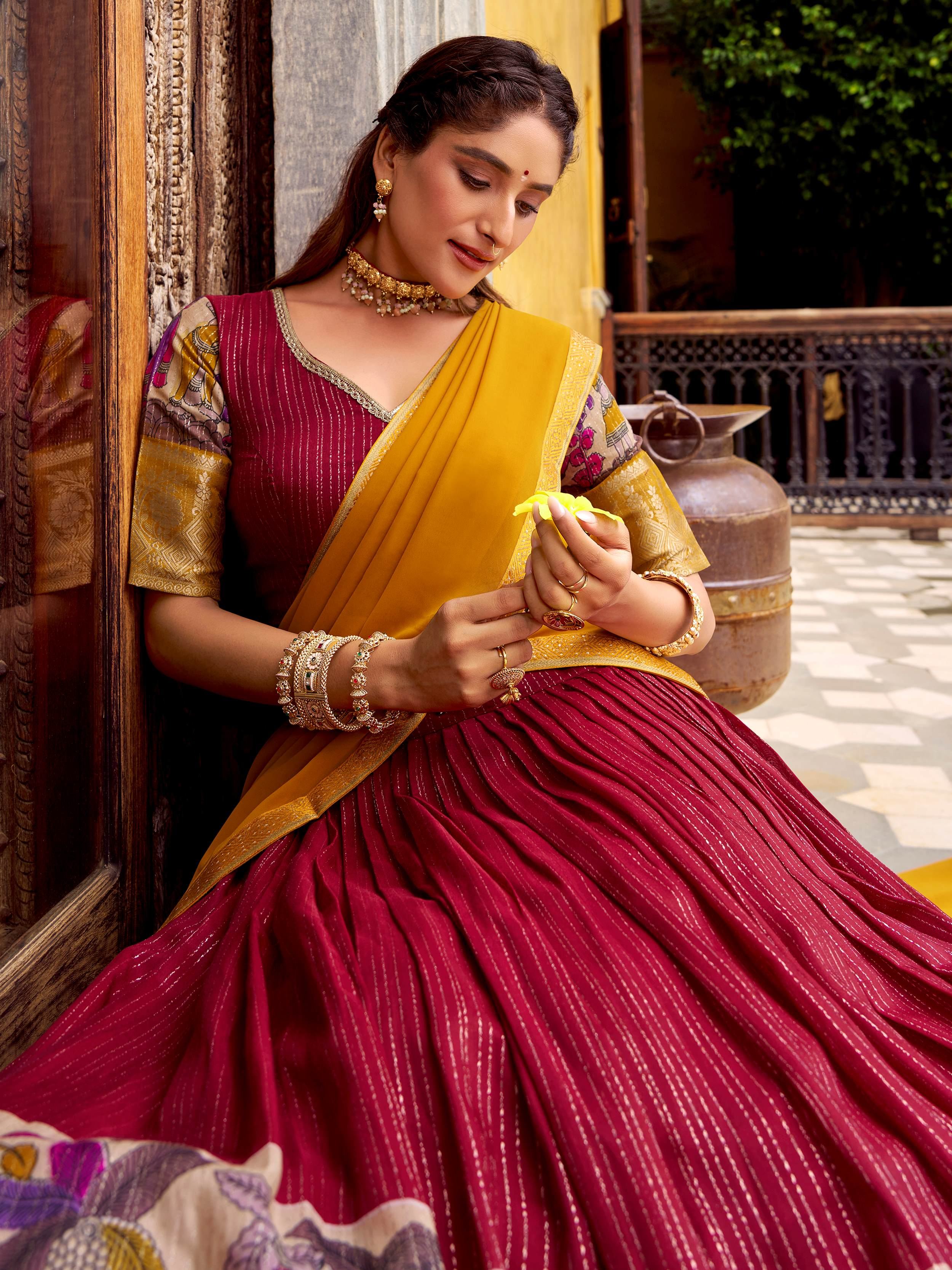 Red Chanderi Silk Kalamkari Printed Half Saree Lehenga