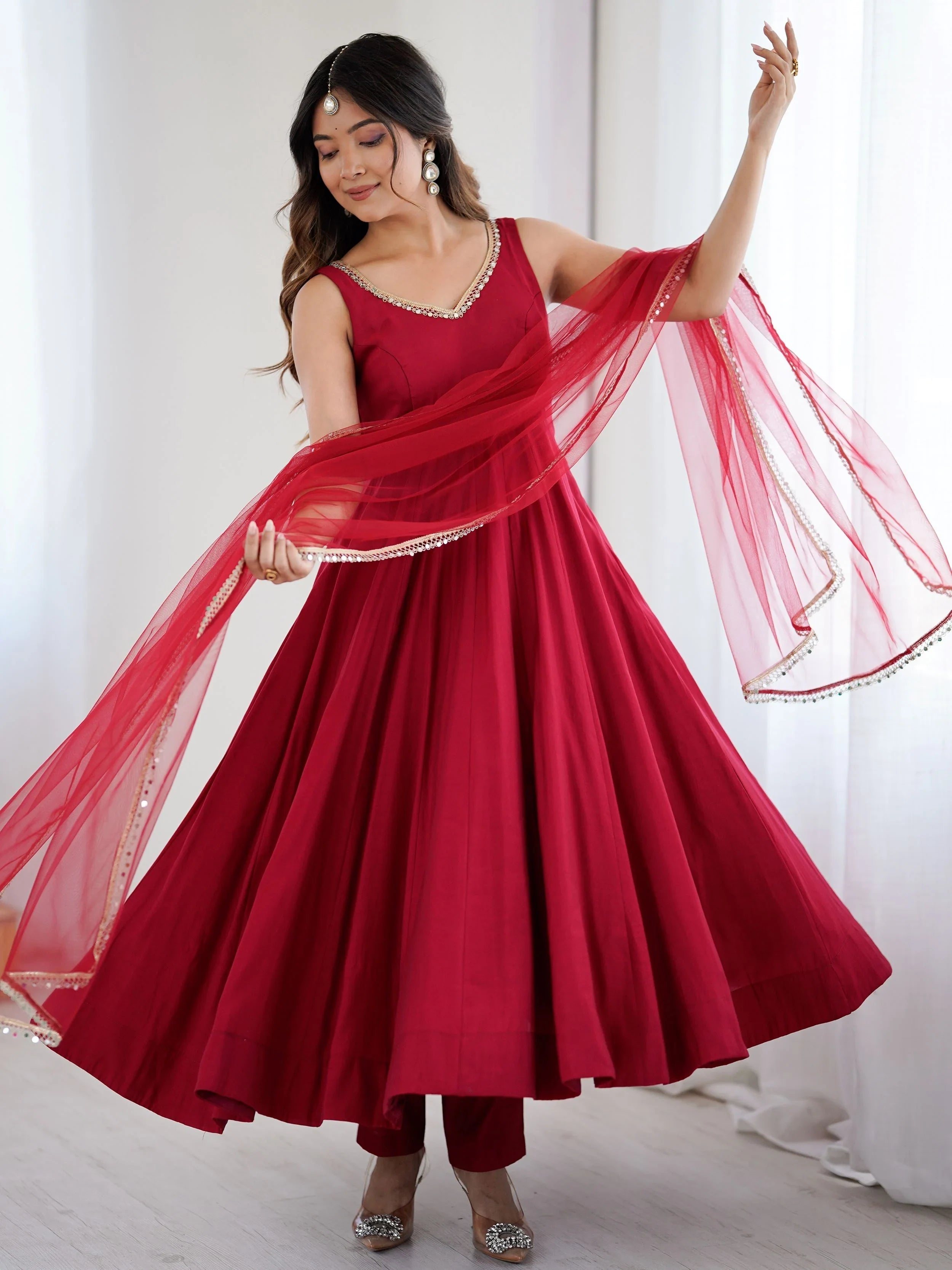 Red Lace Work Silk Festive Wear Anarkali Suit for Women