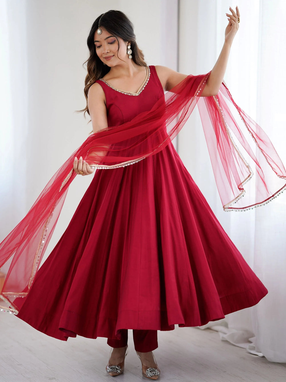 Red Lace Work Silk Festive Wear Anarkali Suit for Women