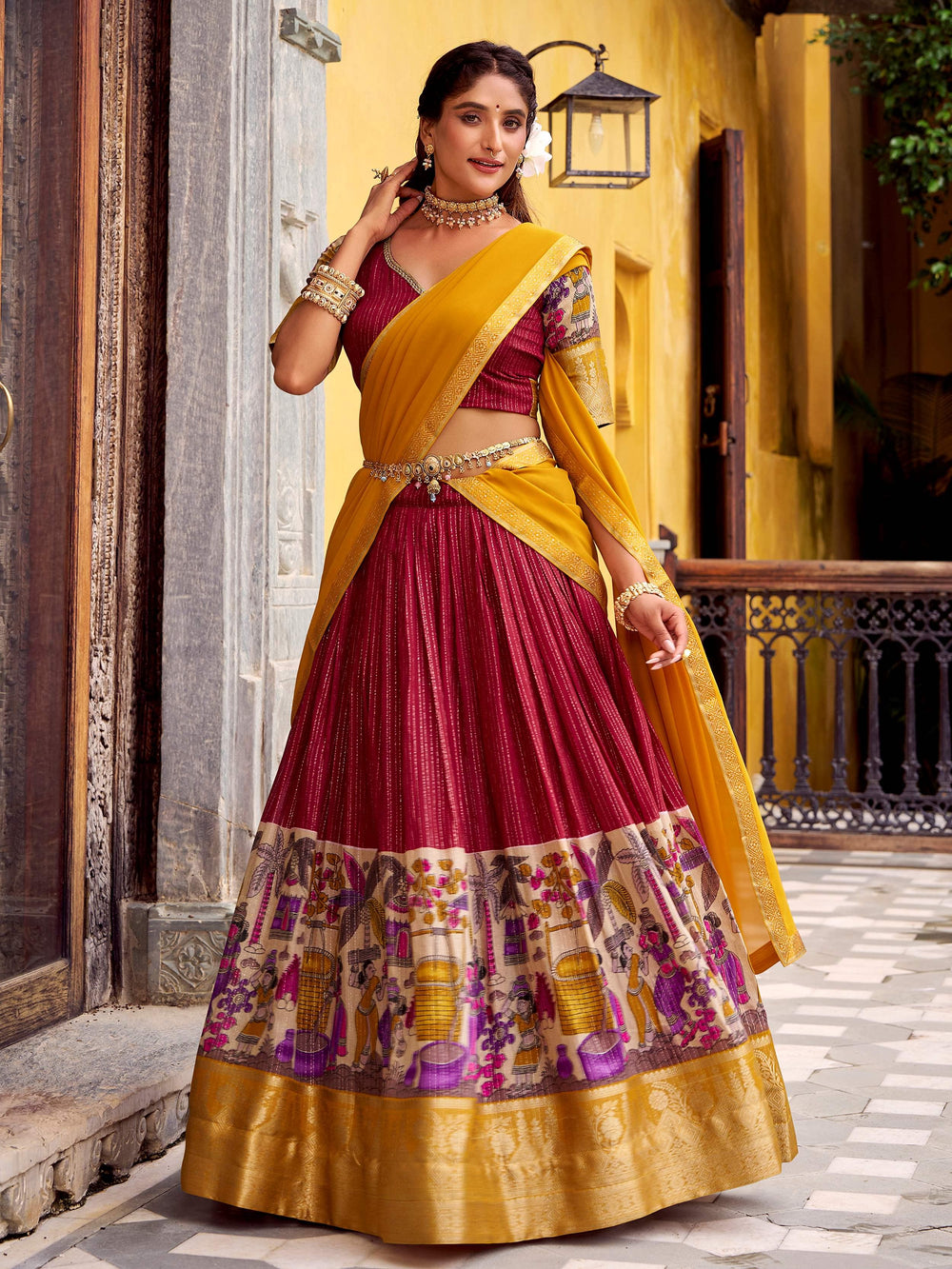 Red Chanderi Silk Kalamkari Printed Half Saree Lehenga