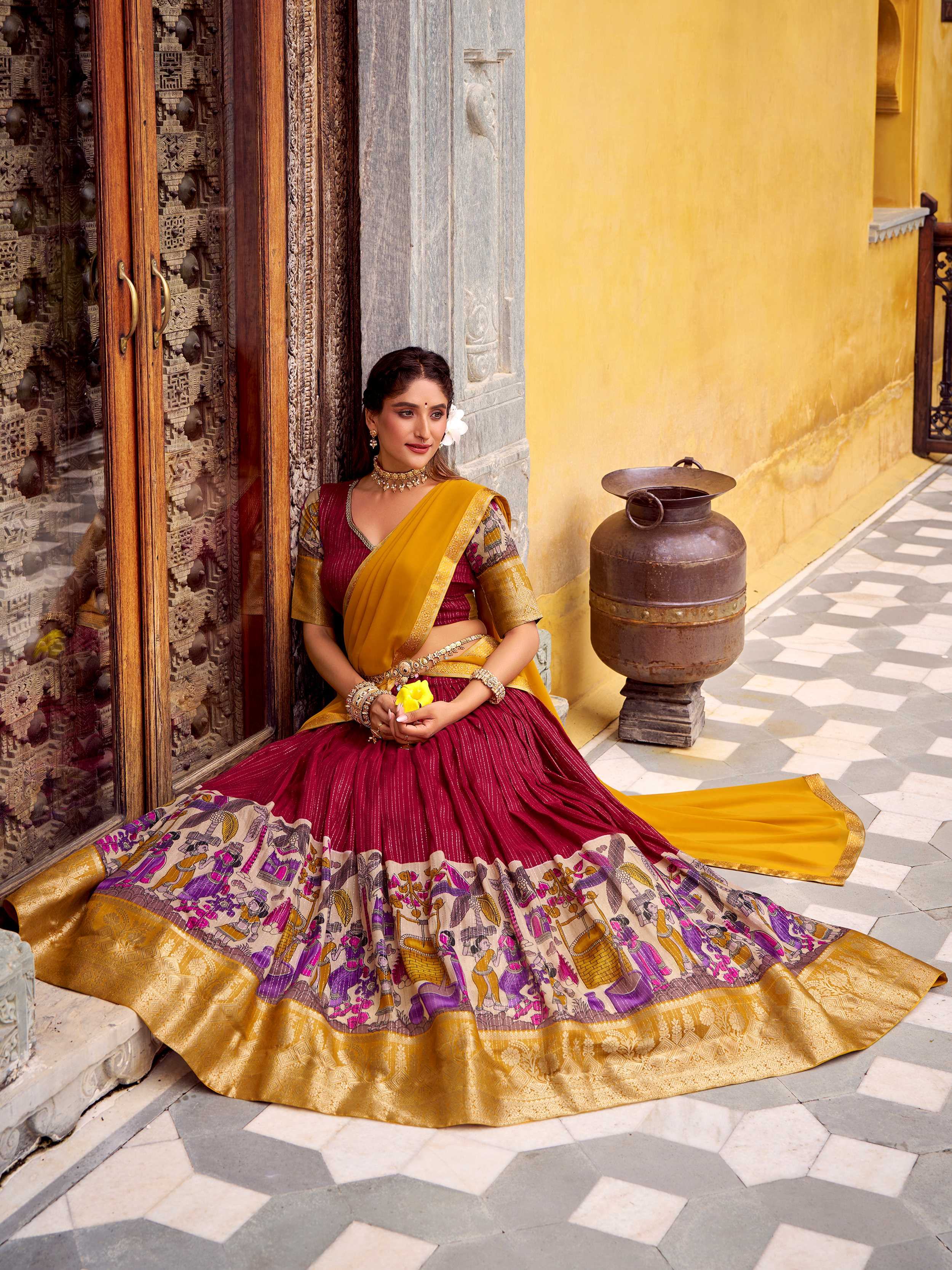 Red Chanderi Silk Kalamkari Printed Half Saree Lehenga