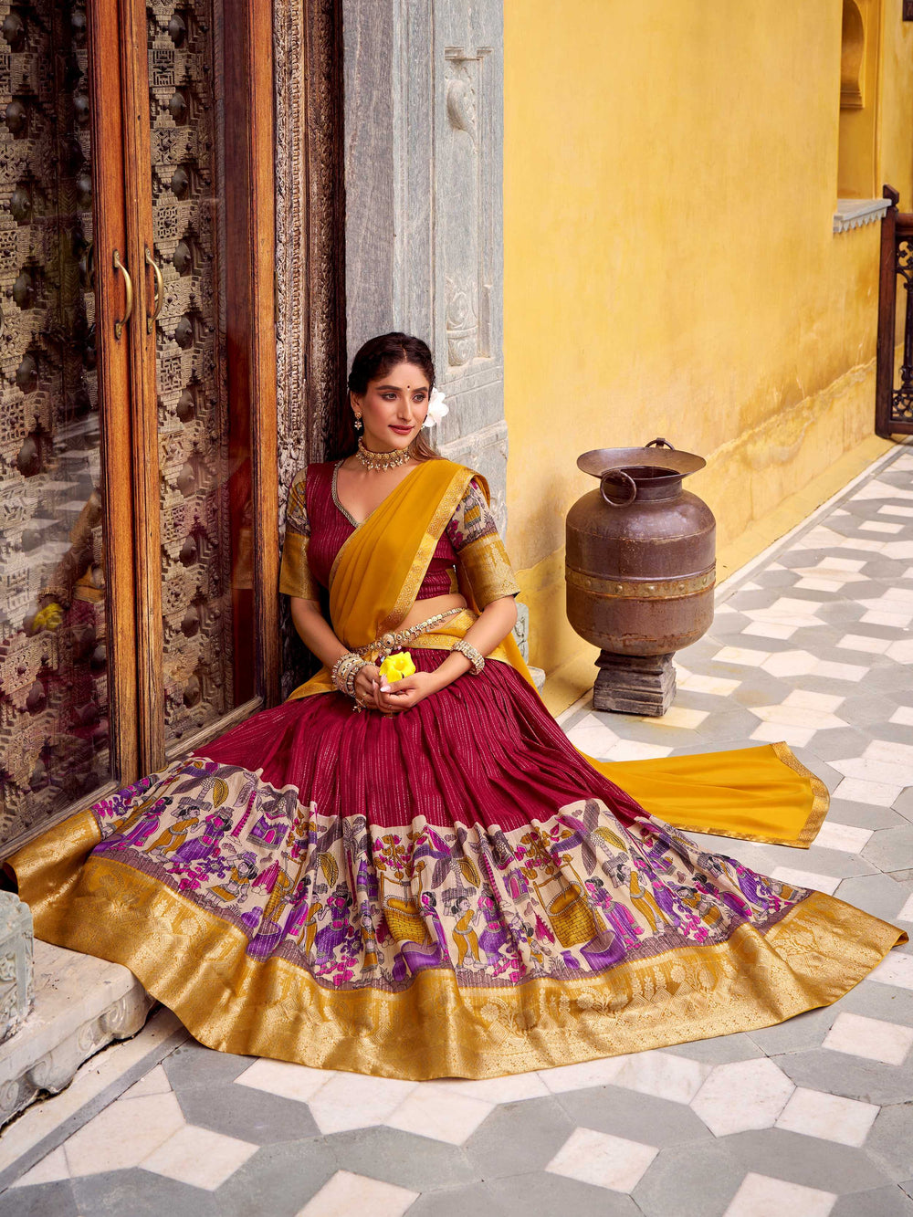 Red Chanderi Silk Kalamkari Printed Half Saree Lehenga
