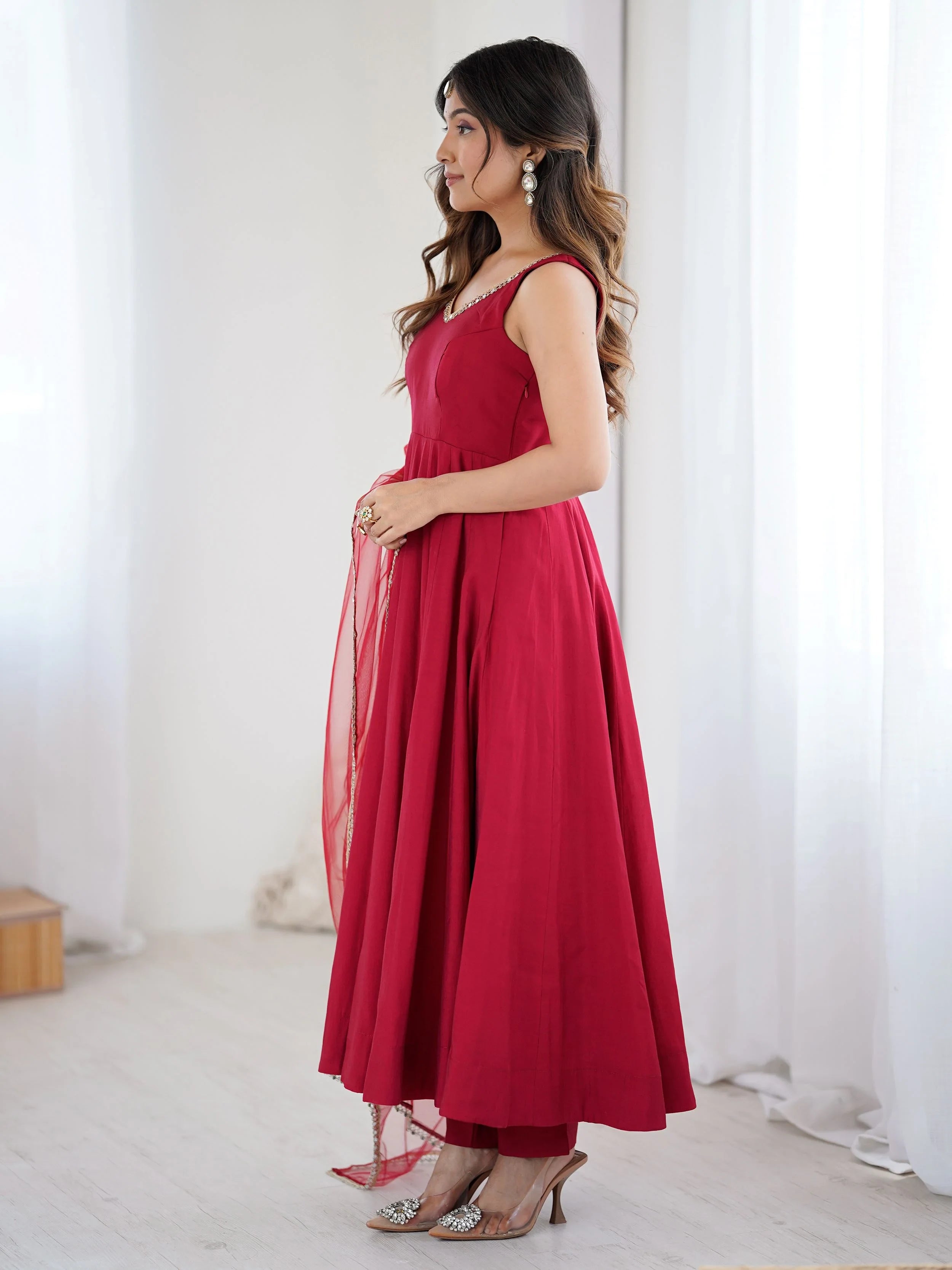 Red Lace Work Silk Festive Wear Anarkali Suit for Women