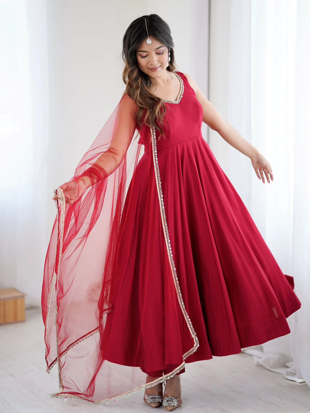 Red Lace Work Silk Festive Wear Anarkali Suit for Women
