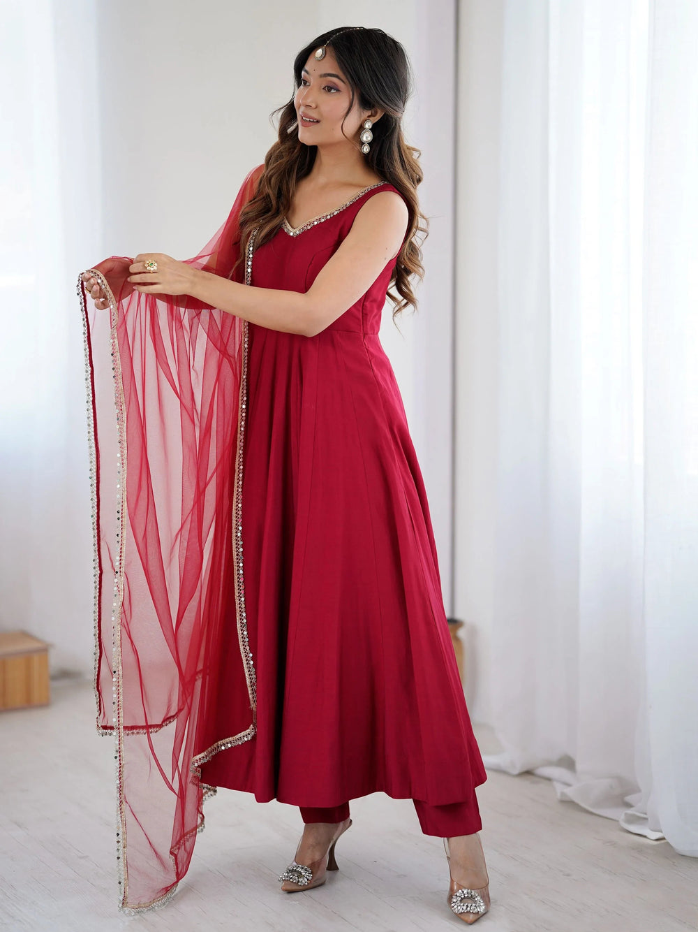 Red Lace Work Silk Festive Wear Anarkali Suit for Women