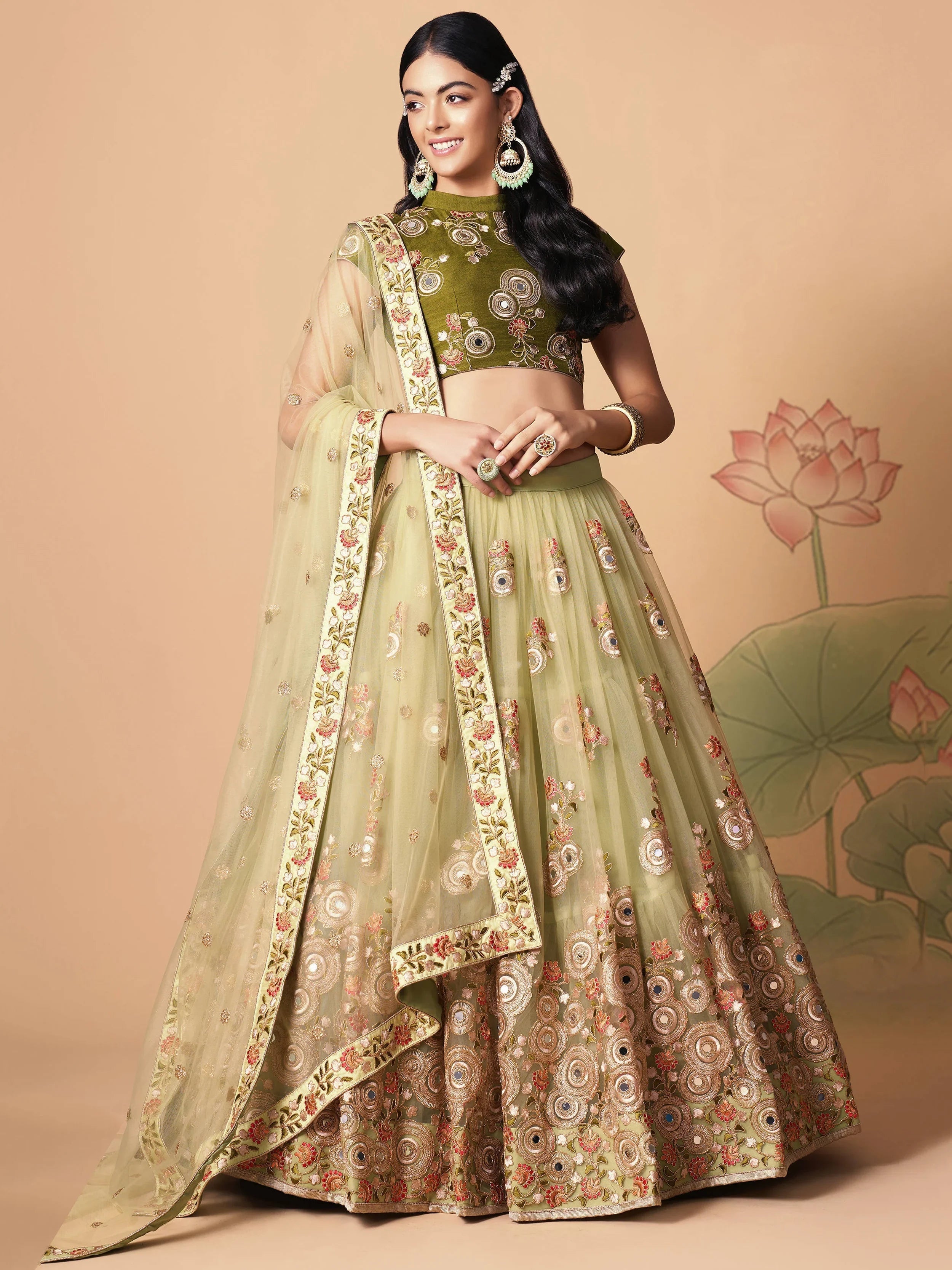 Pista Green Net Embroidered Wedding Lehenga Choli for Women