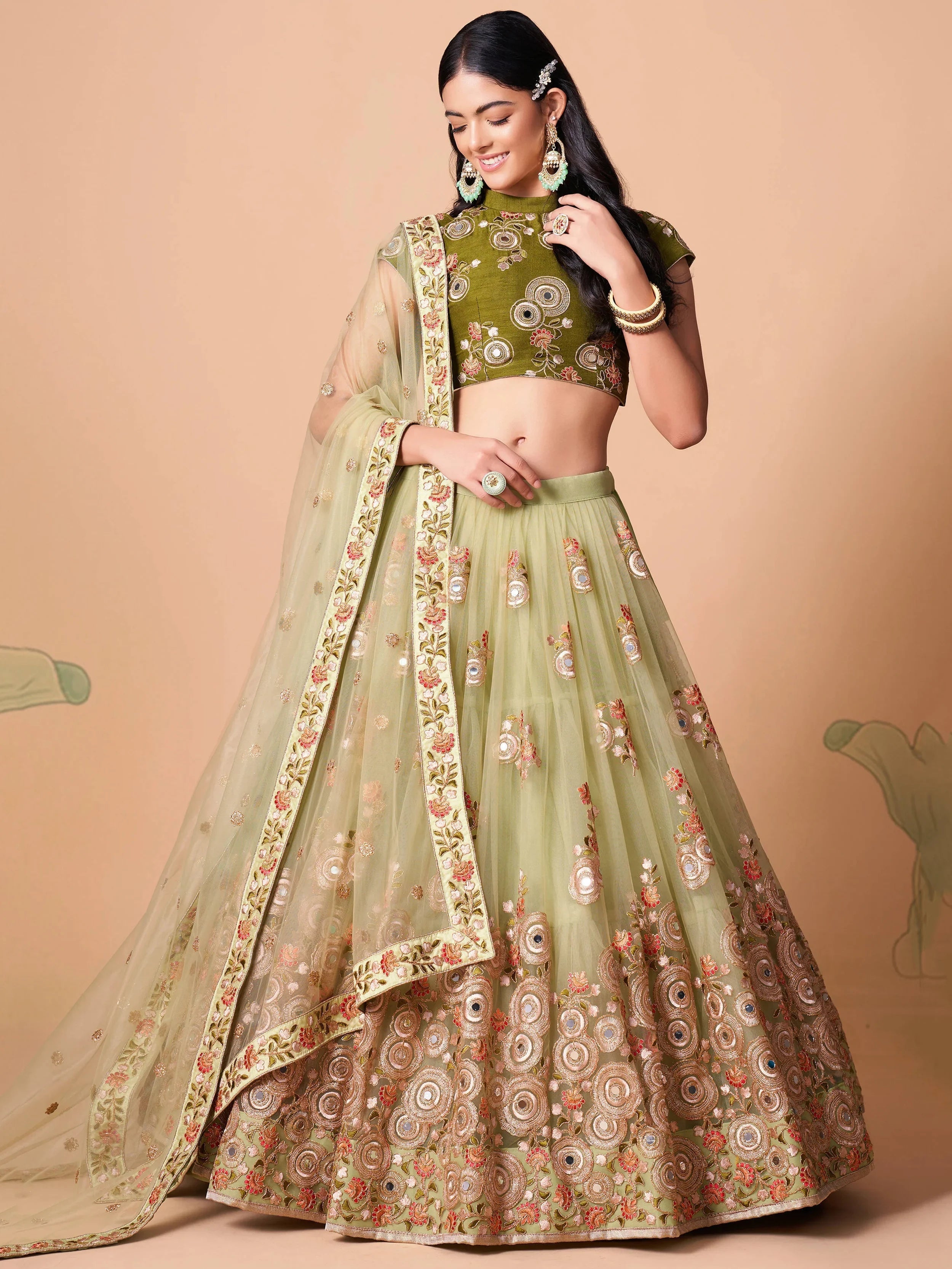 Pista Green Net Embroidered Wedding Lehenga Choli for Women