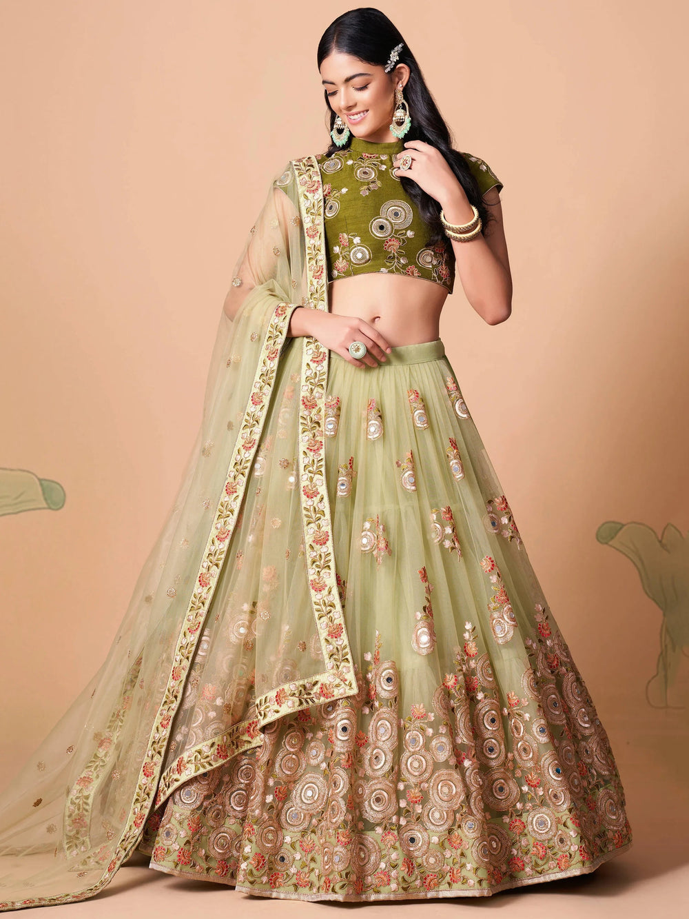 Pista Green Net Embroidered Wedding Lehenga Choli for Women