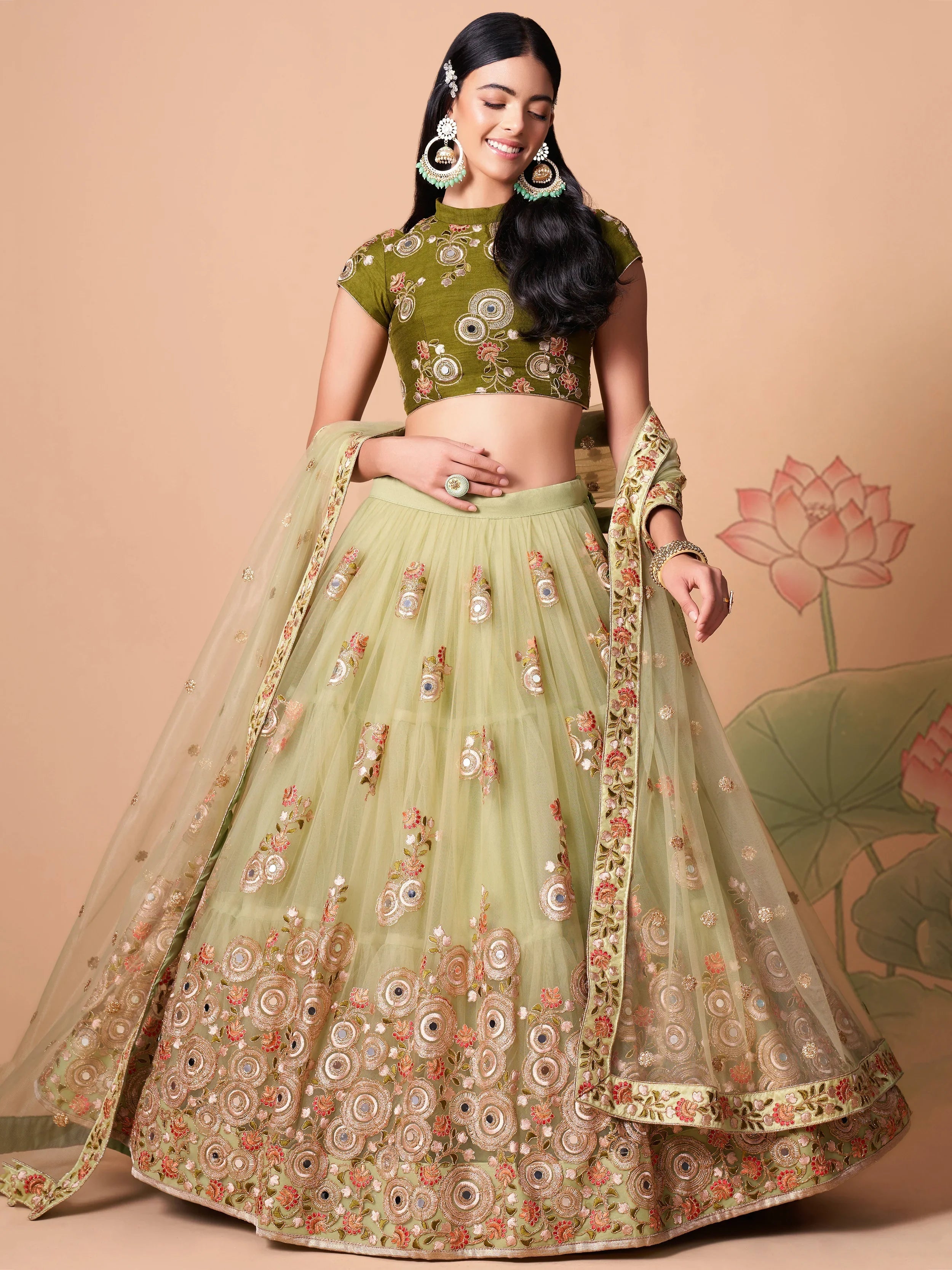 Pista Green Net Embroidered Wedding Lehenga Choli for Women