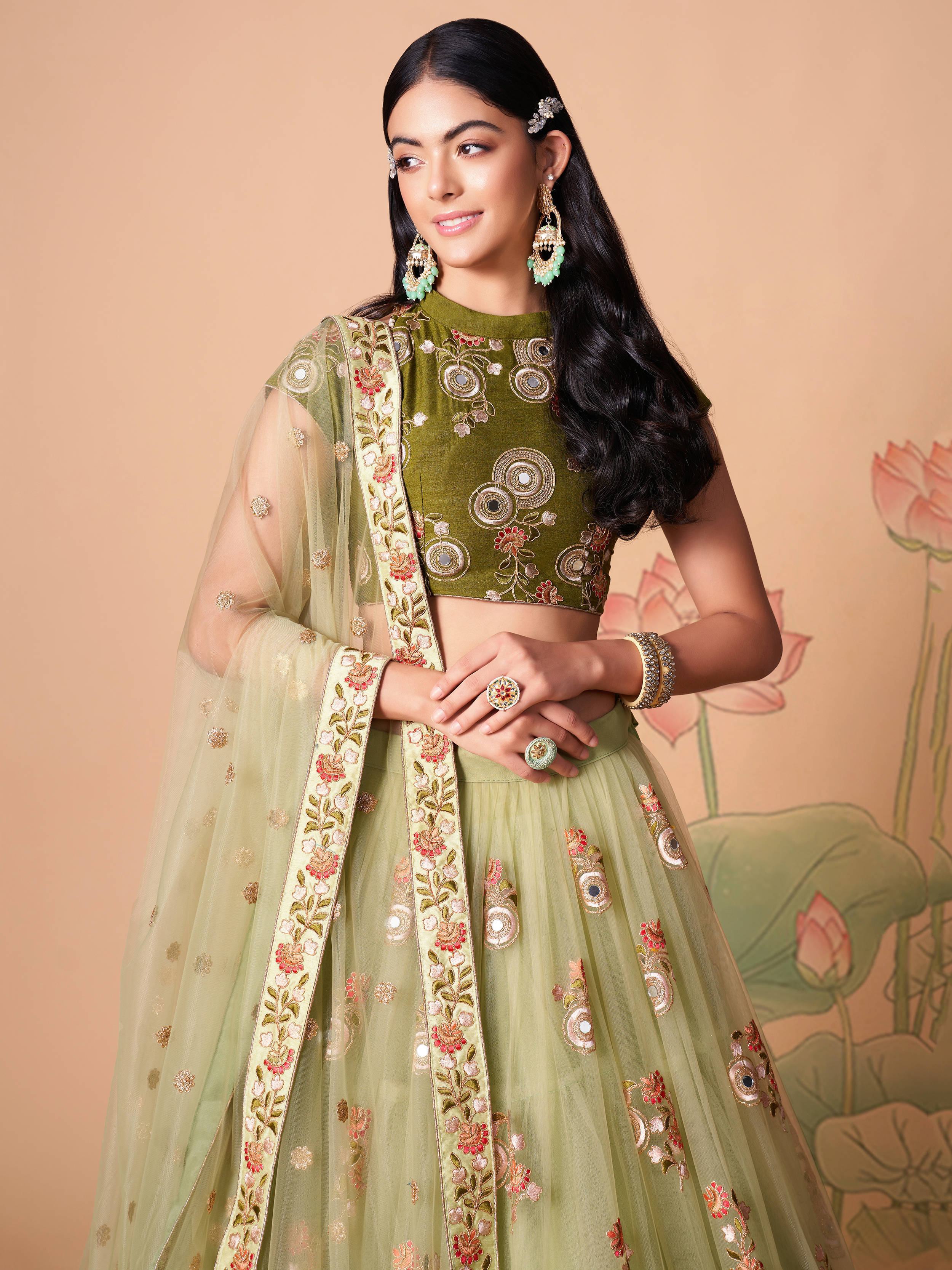 Pista Green Net Embroidered Wedding Lehenga Choli for Women