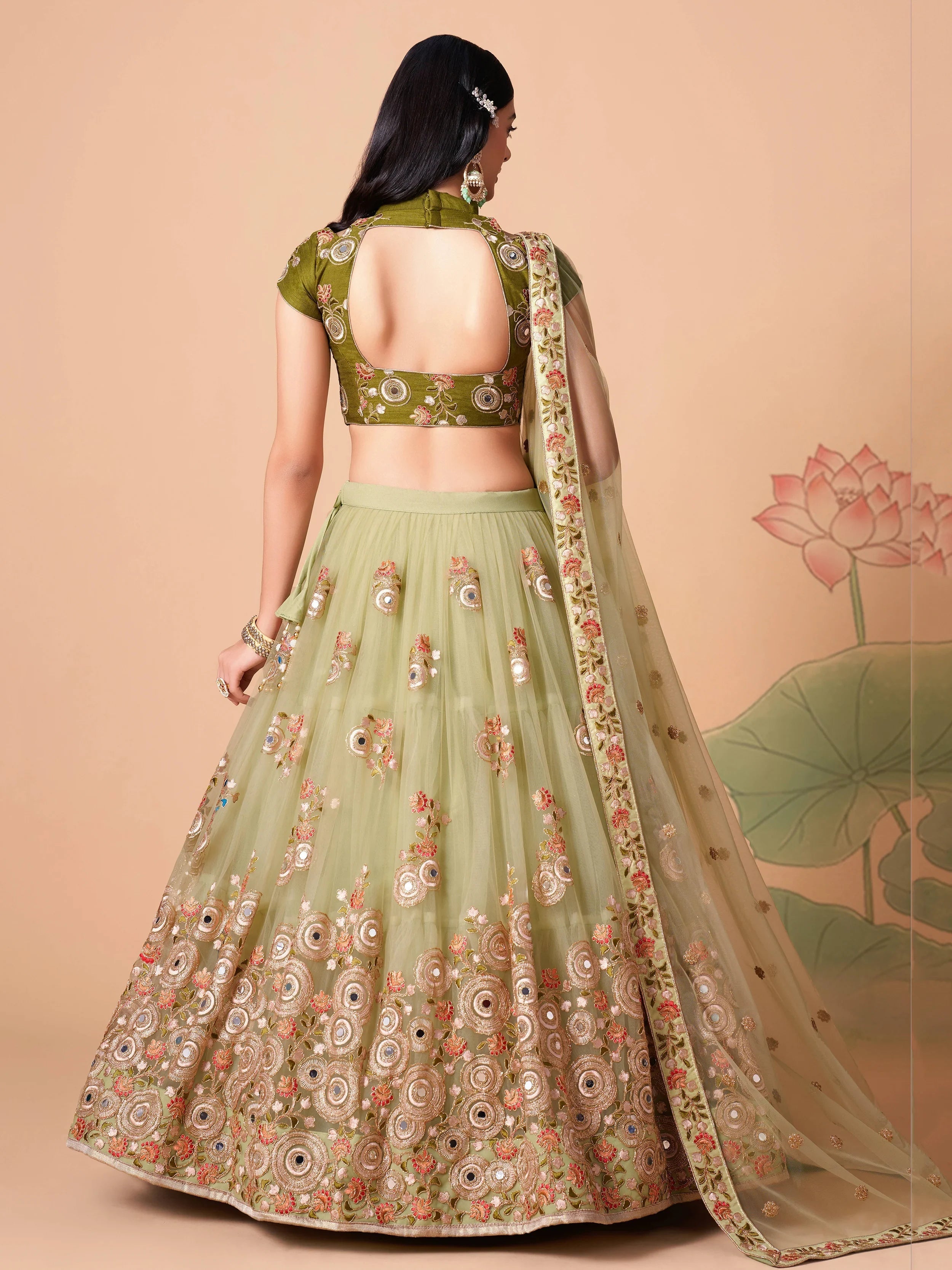 Pista Green Net Embroidered Wedding Lehenga Choli for Women