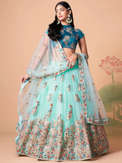 Electric Blue Sequins Work Net Wedding Wear Lehenga Choli for Women