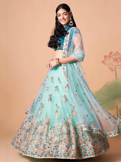Electric Blue Sequins Work Net Wedding Wear Lehenga Choli for Women