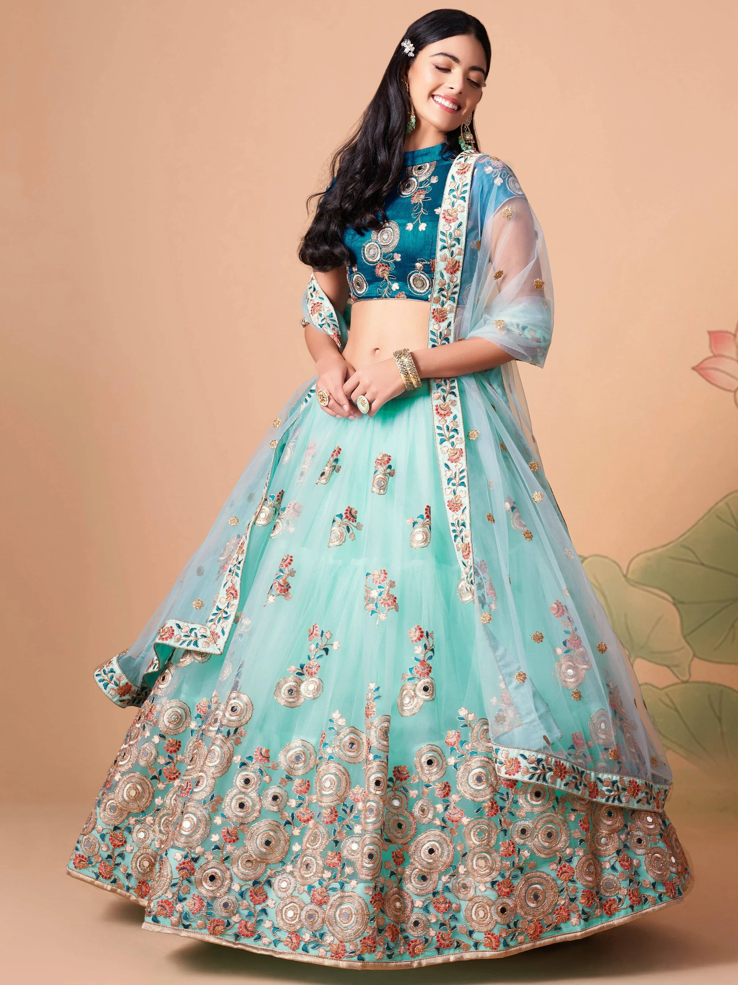 Electric Blue Sequins Work Net Wedding Wear Lehenga Choli for Women