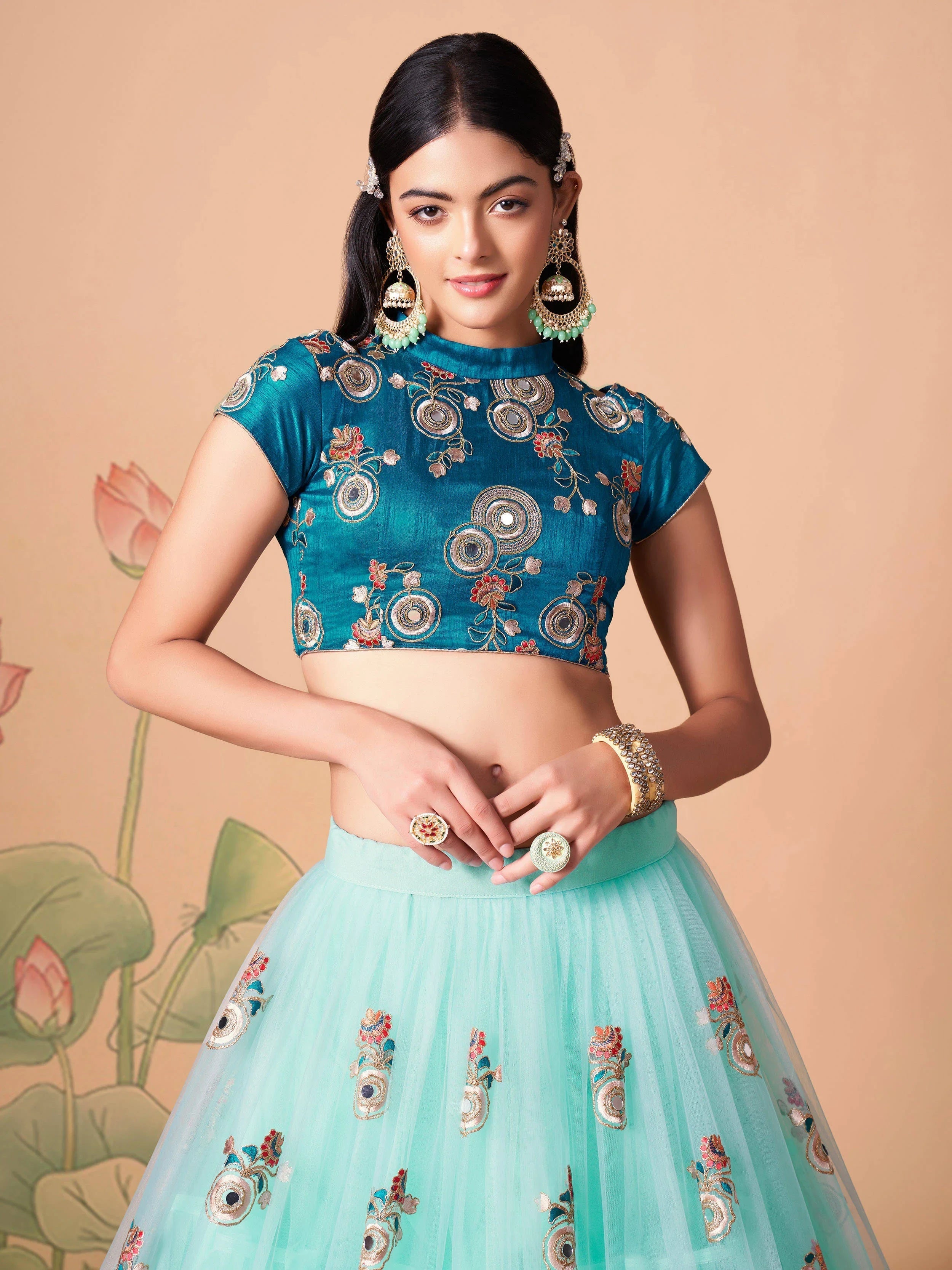 Electric Blue Sequins Work Net Wedding Wear Lehenga Choli for Women