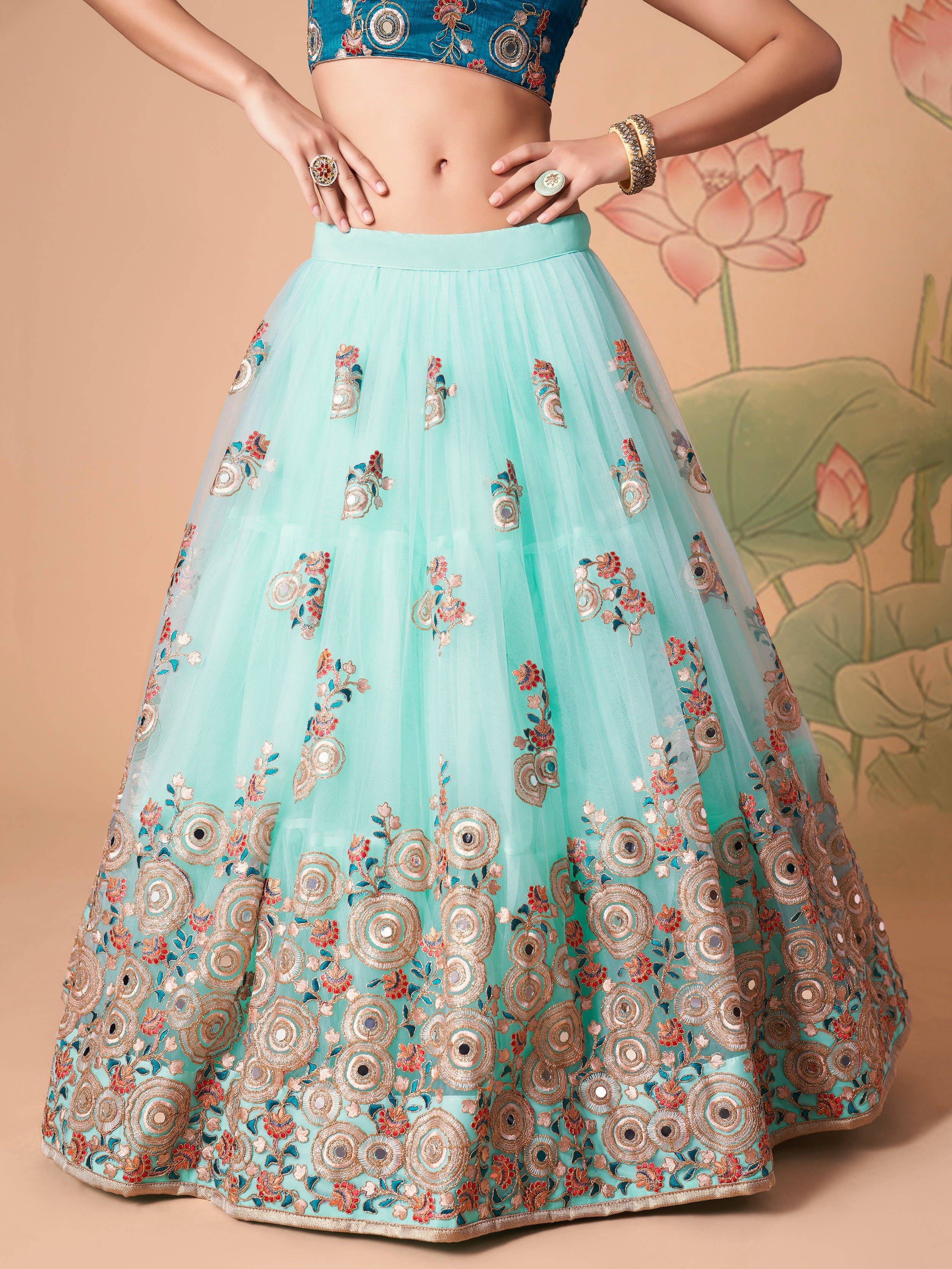Electric Blue Sequins Work Net Wedding Wear Lehenga Choli for Women